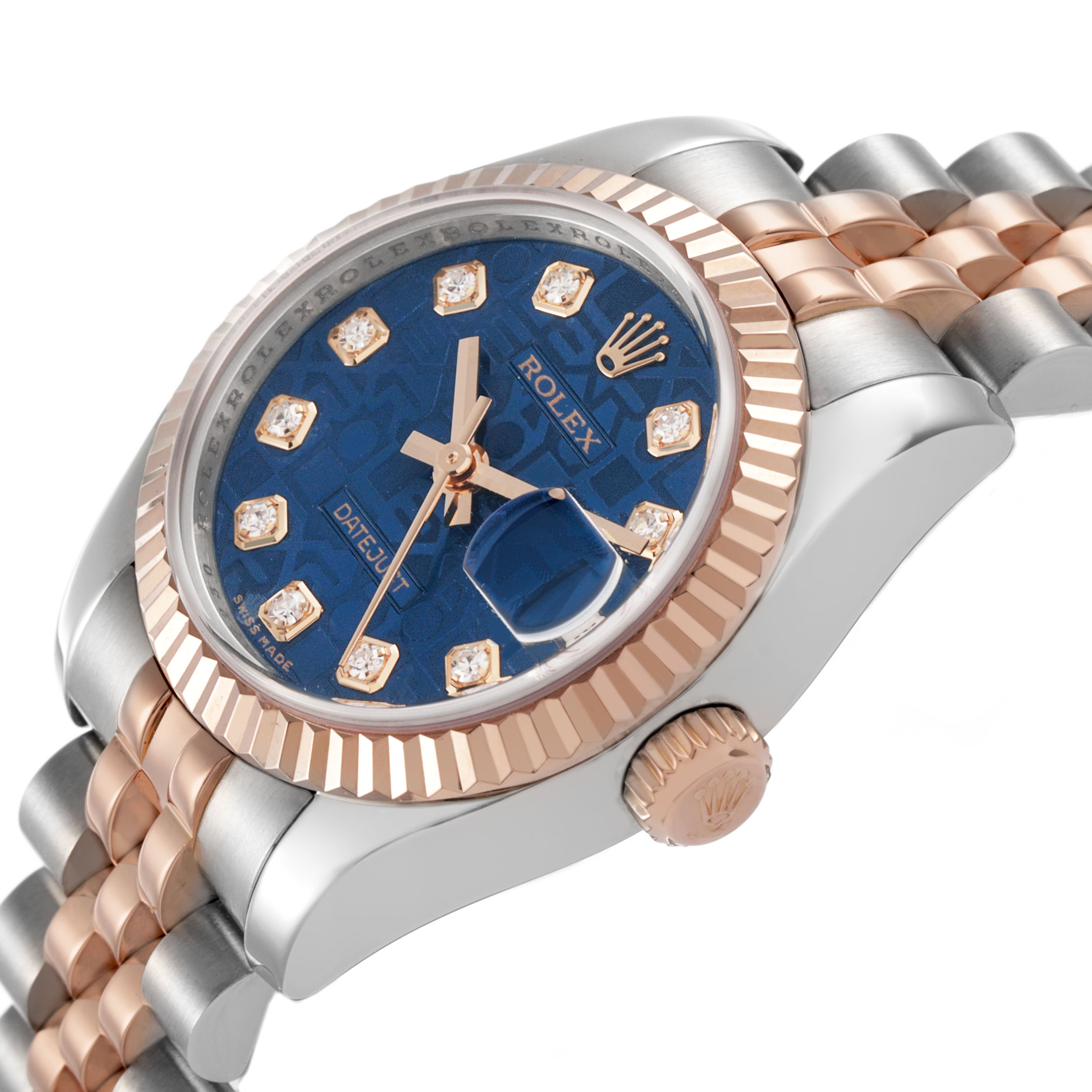 The Rolex Datejust 179171 Women's Steel and Gold (two tone) Blue Dial is shown at an angled side view, highlighting the bezel, crown, and bracelet.