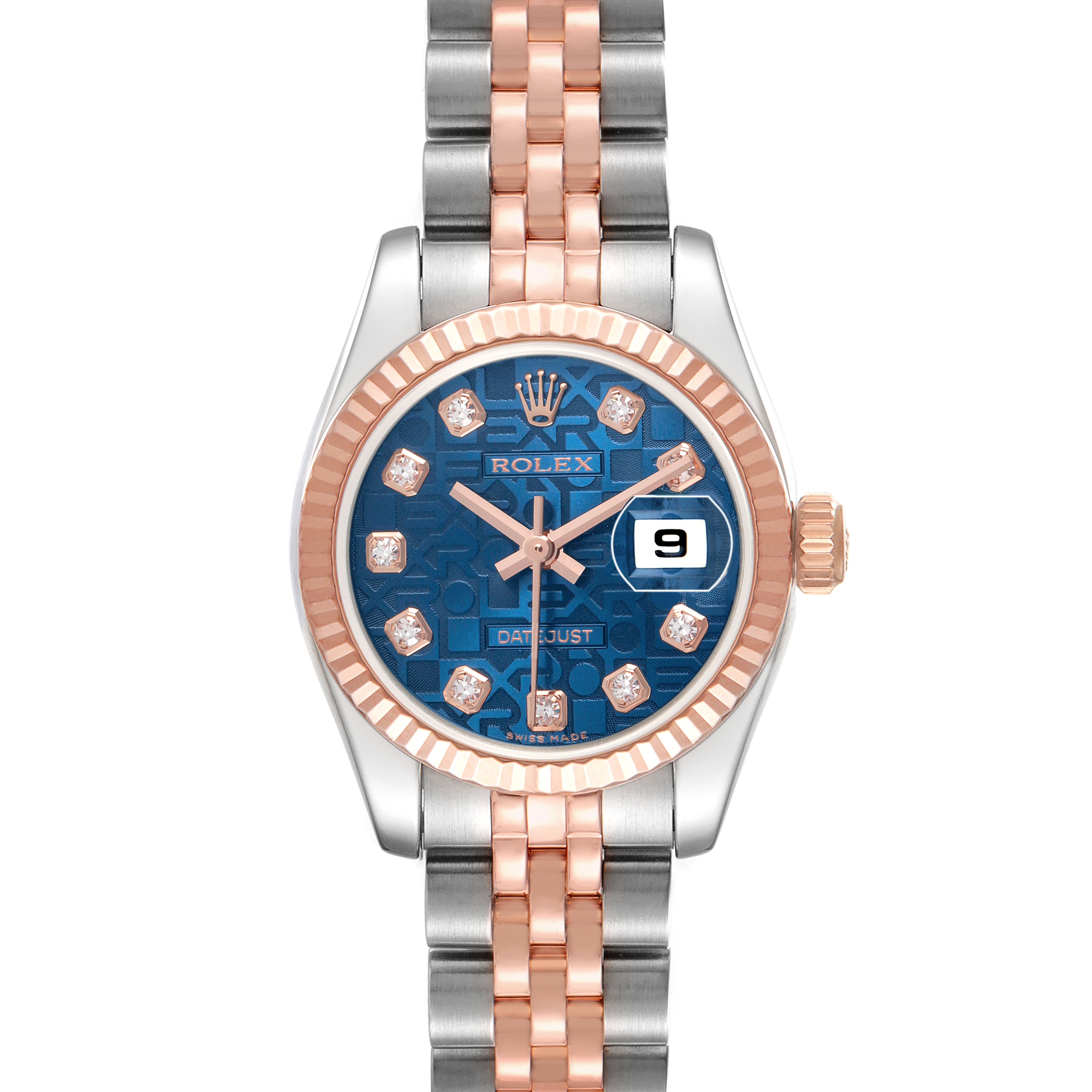 The Rolex Datejust 179171 Women's Steel and Gold (two tone) Blue Dial watch is shown from a front angle, featuring a blue dial, diamond hour markers, fluted bezel, and a two-tone bracelet.