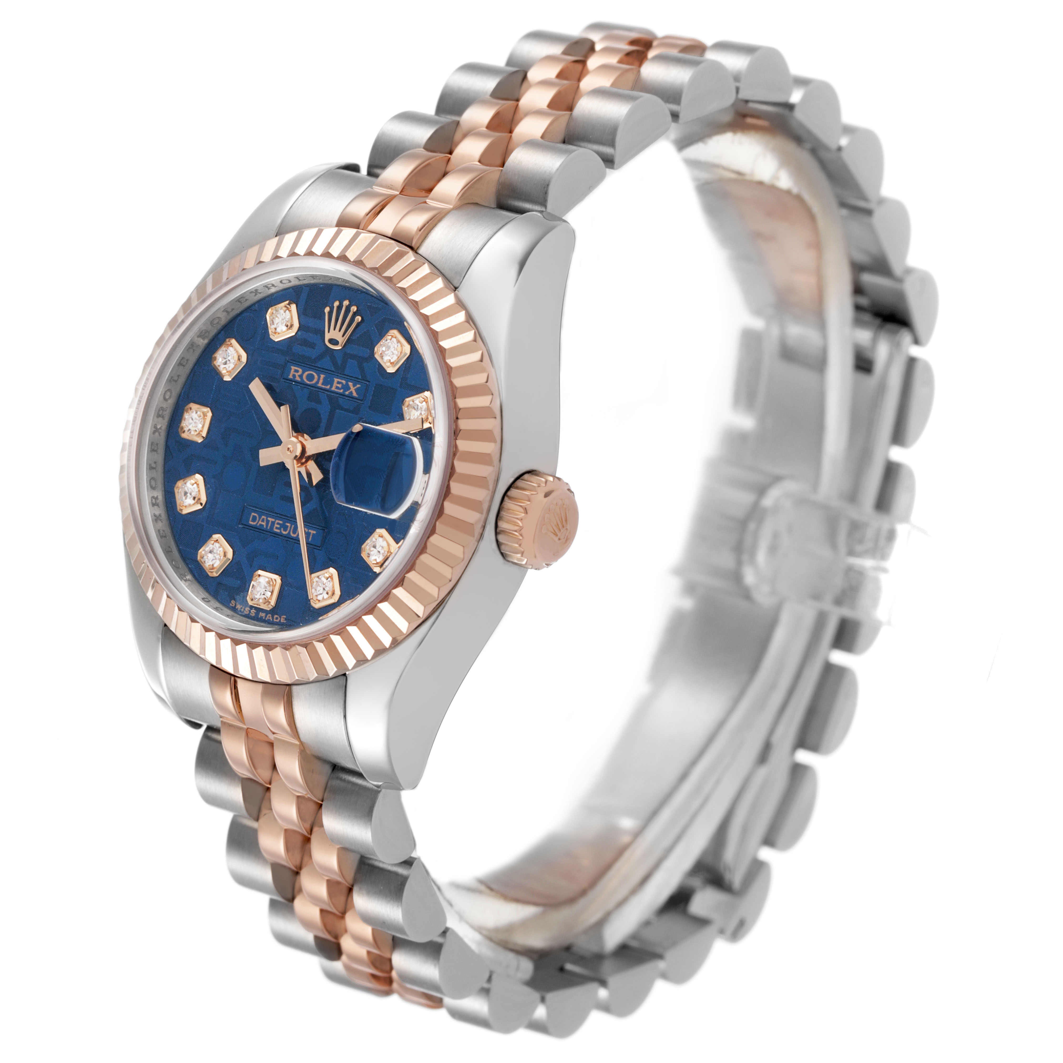 The Rolex Datejust 179171 Women's Steel and Gold (two tone) Blue Dial watch is shown at a three-quarter angle, highlighting the bezel, dial, crown, and bracelet.