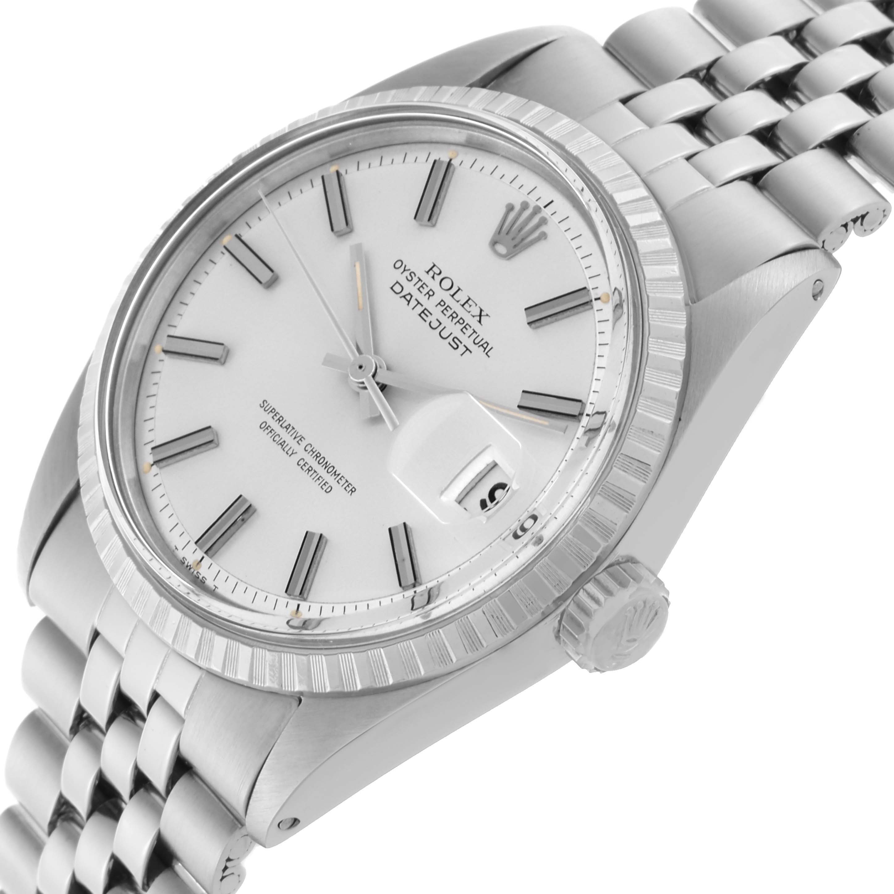 The Rolex Vintage Collection 1603 Men's Stainless Steel Silver Dial 1603 Men's Stainless Steel Silver Dial watch is shown at an angle highlighting the face, bezel, crown, and part of the bracelet.