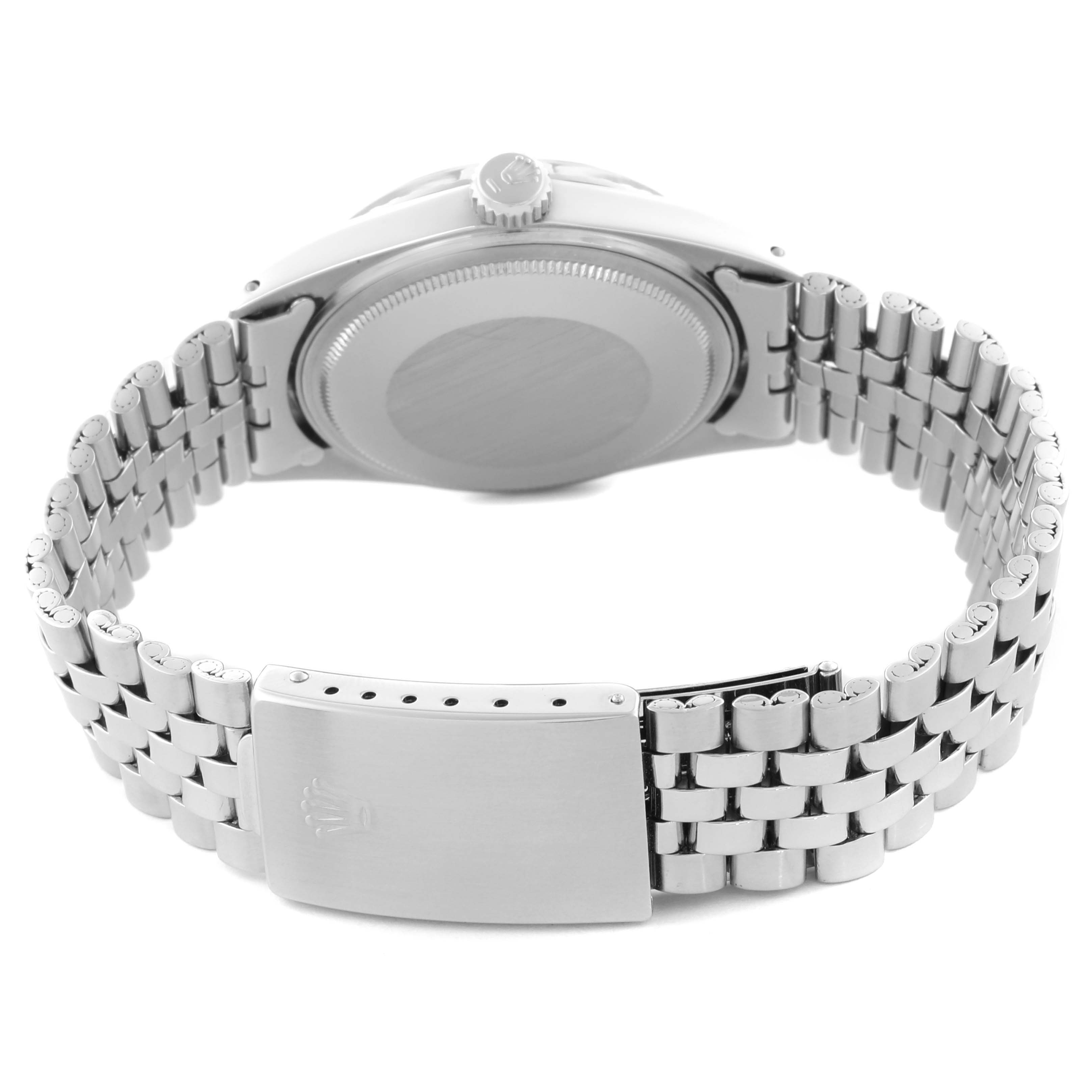 This image shows the back of the Rolex Vintage Collection 1603 Men's Stainless Steel Silver Dial 1603 Men's Stainless Steel Silver Dial watch, highlighting the case back and bracelet clasp.