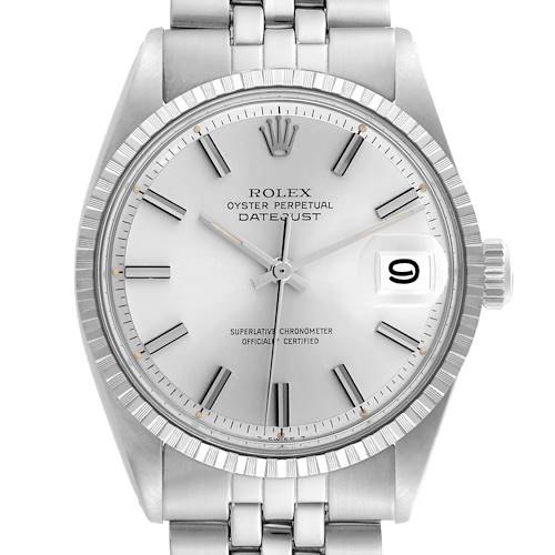 The Rolex Vintage Collection watch is shown from the front, displaying the full face, bezel, and a portion of the bracelet.