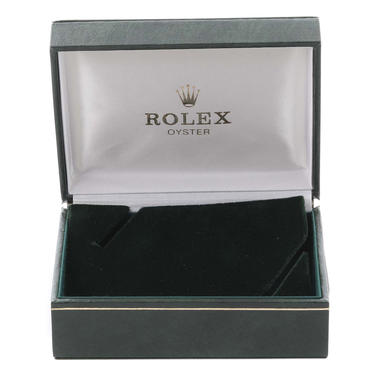 The image shows an open box for a Rolex Vintage Collection 1603 Men's Stainless Steel Silver Dial 1603 Men's Stainless Steel Silver Dial watch, angled to display the interior branding.