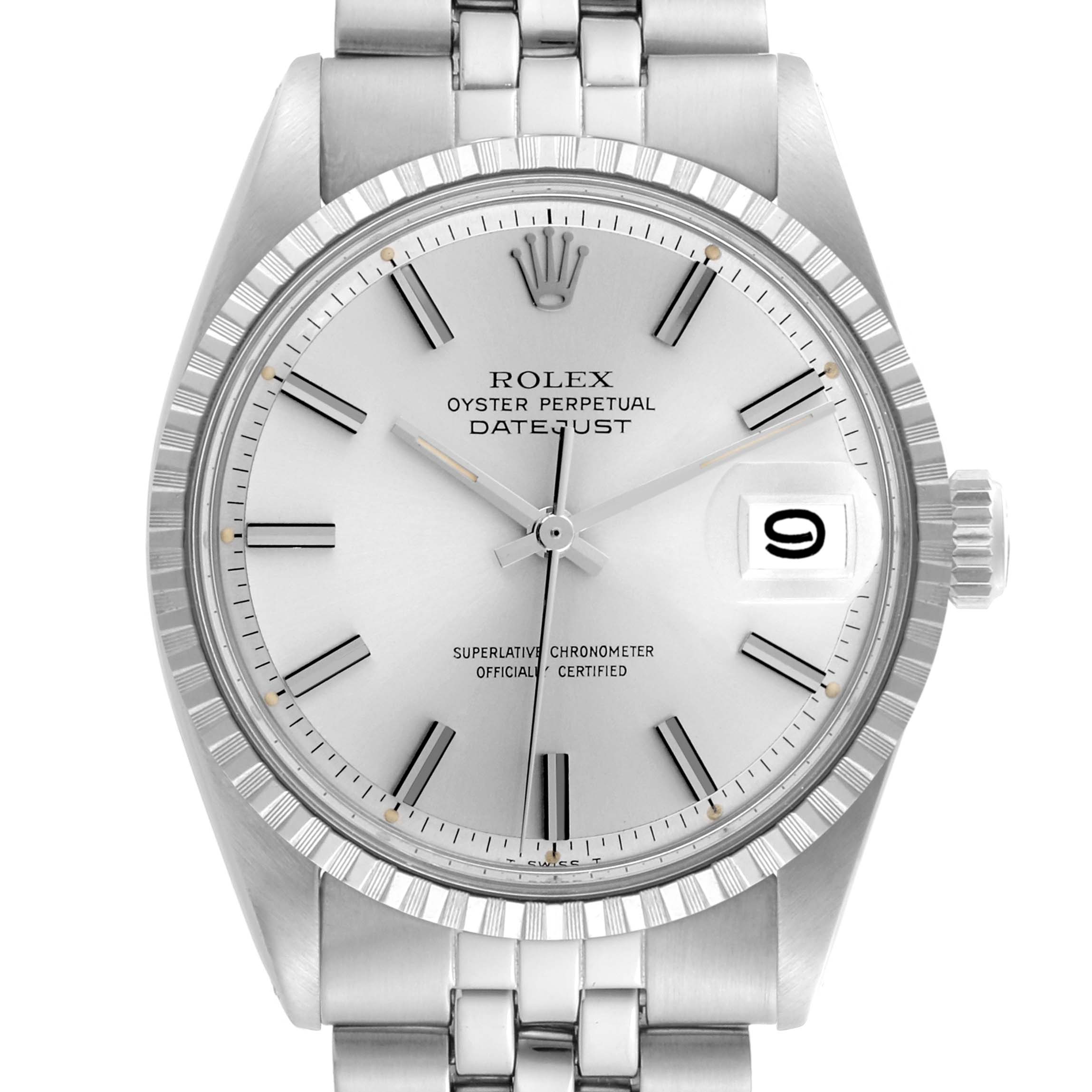 The Rolex Vintage Collection 1603 Men's Stainless Steel Silver Dial 1603 Men's Stainless Steel Silver Dial model is shown from the front, highlighting the dial, bezel, crown, and part of the bracelet.