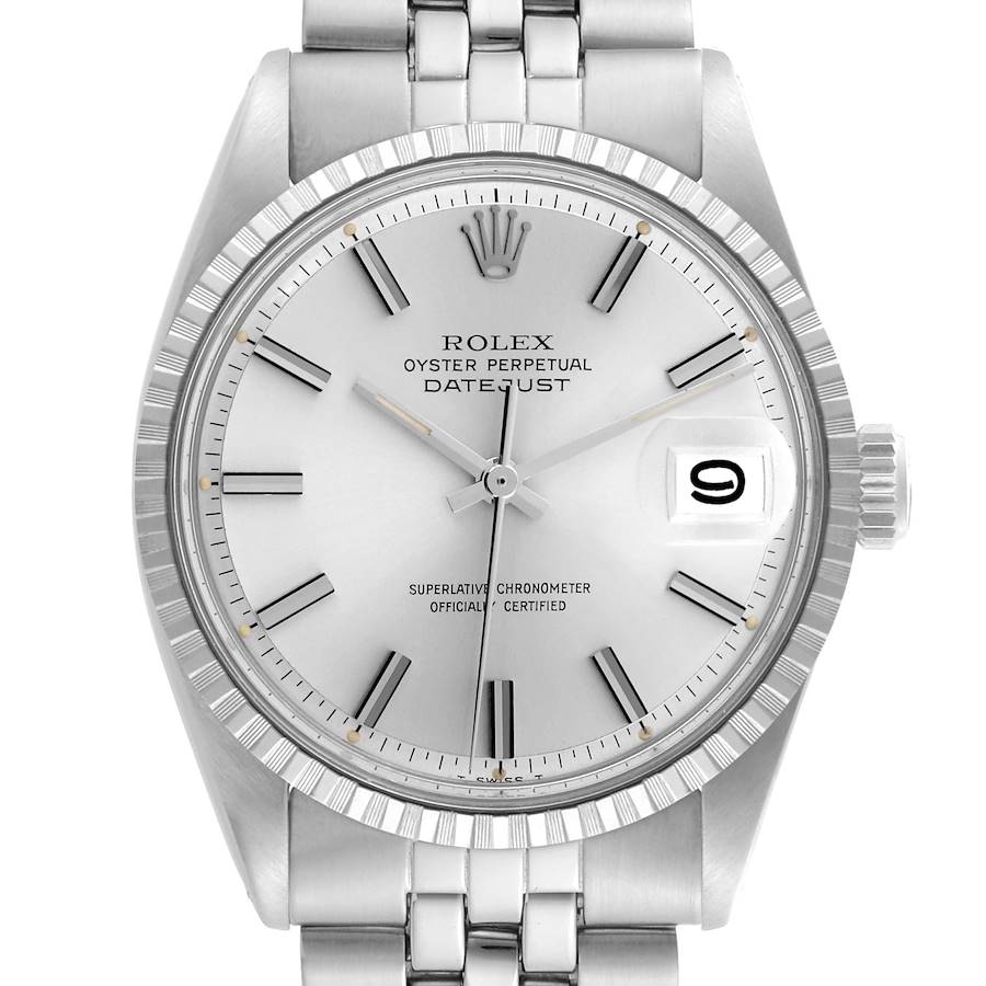 The Rolex Vintage Collection model is shown from the front, highlighting the dial, bezel, crown, and part of the bracelet.