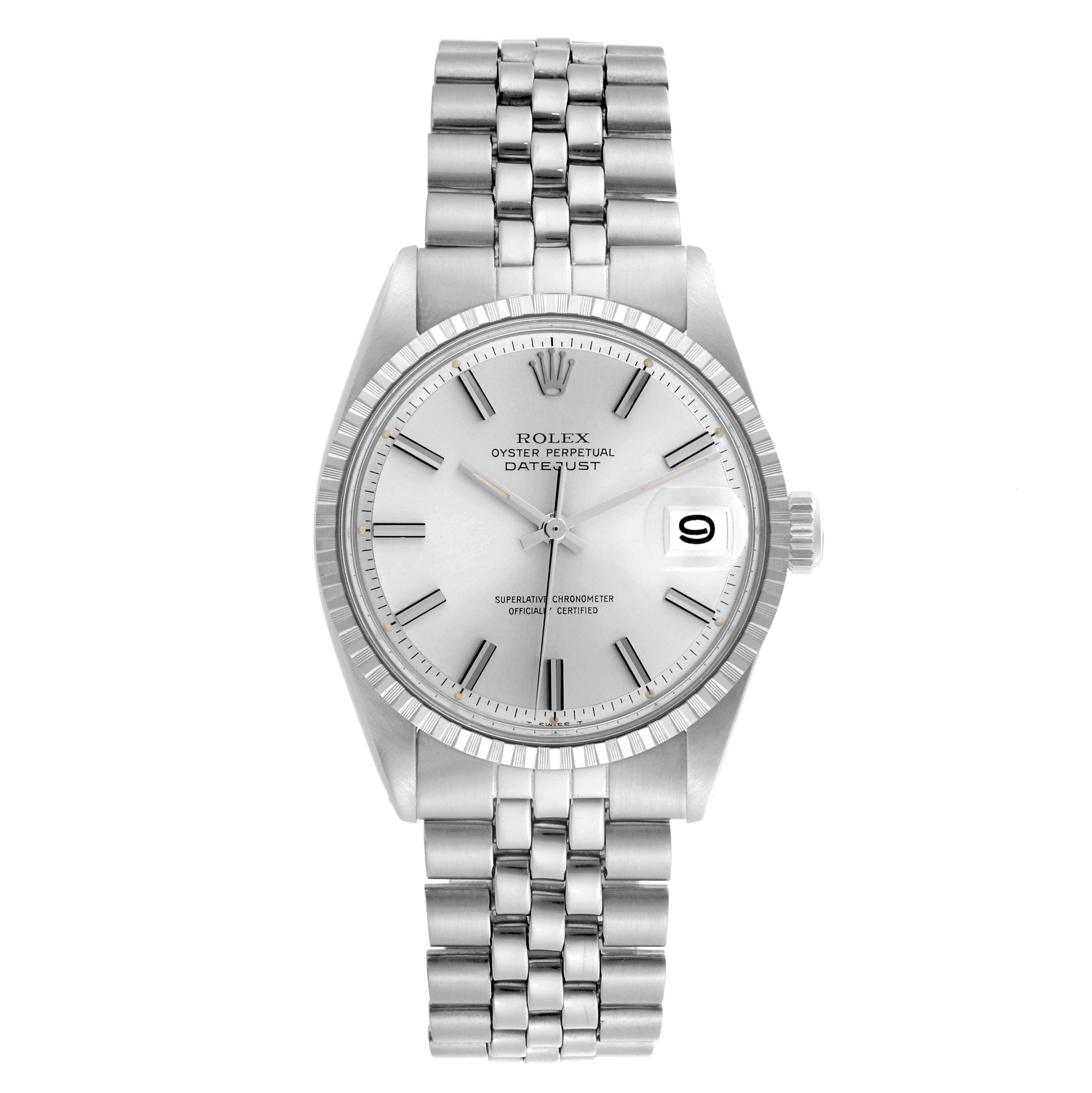 The Rolex Vintage Collection 1603 Men's Stainless Steel Silver Dial 1603 Men's Stainless Steel Silver Dial watch is shown from the front, displaying the face, bracelet, bezel, and crown.