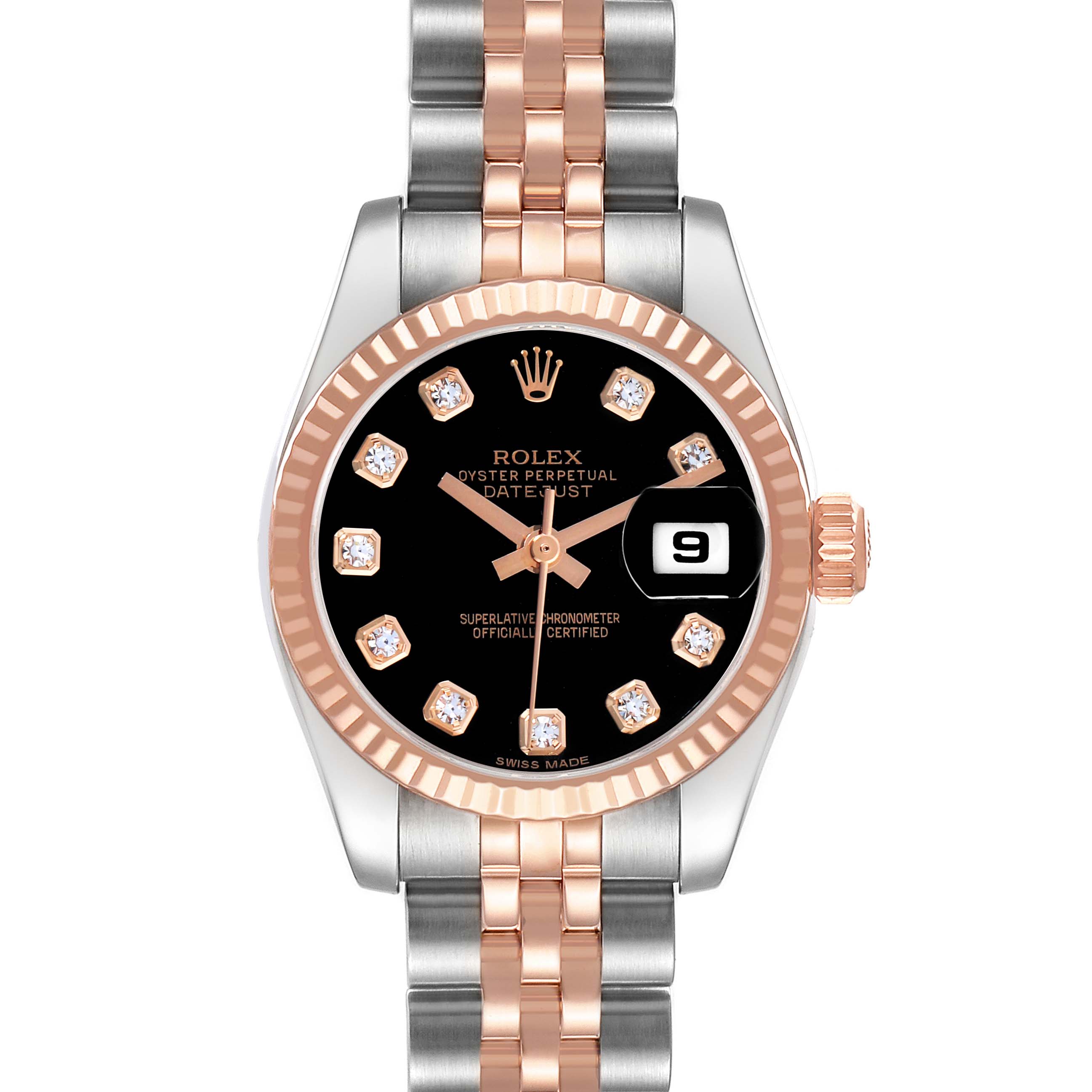 The Rolex Datejust 179171 Women
s Steel and Gold (two tone) Black Dial watch is shown from the front, highlighting its dial, bezel, crown, and bracelet.