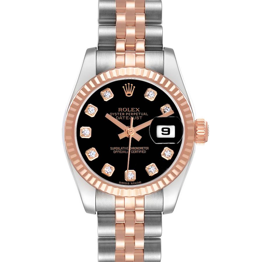 The Rolex Datejust 179171 Women's Steel and Gold (two tone) Black Dial watch is shown from the front, highlighting its dial, bezel, crown, and bracelet.