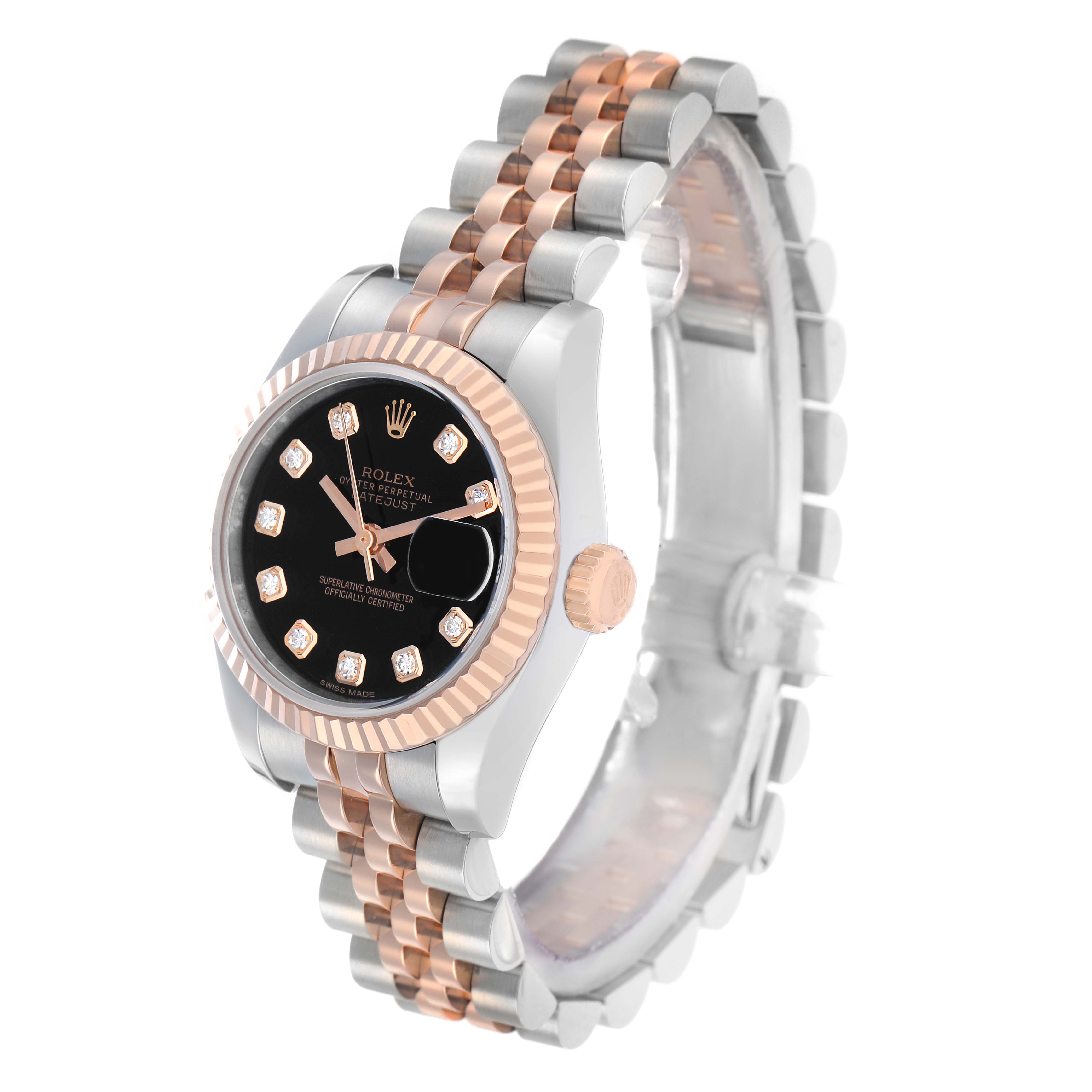 The Rolex Datejust 179171 Women
s Steel and Gold (two tone) Black Dial watch is shown at a tilted angle, displaying its face, bezel, and two-tone bracelet.