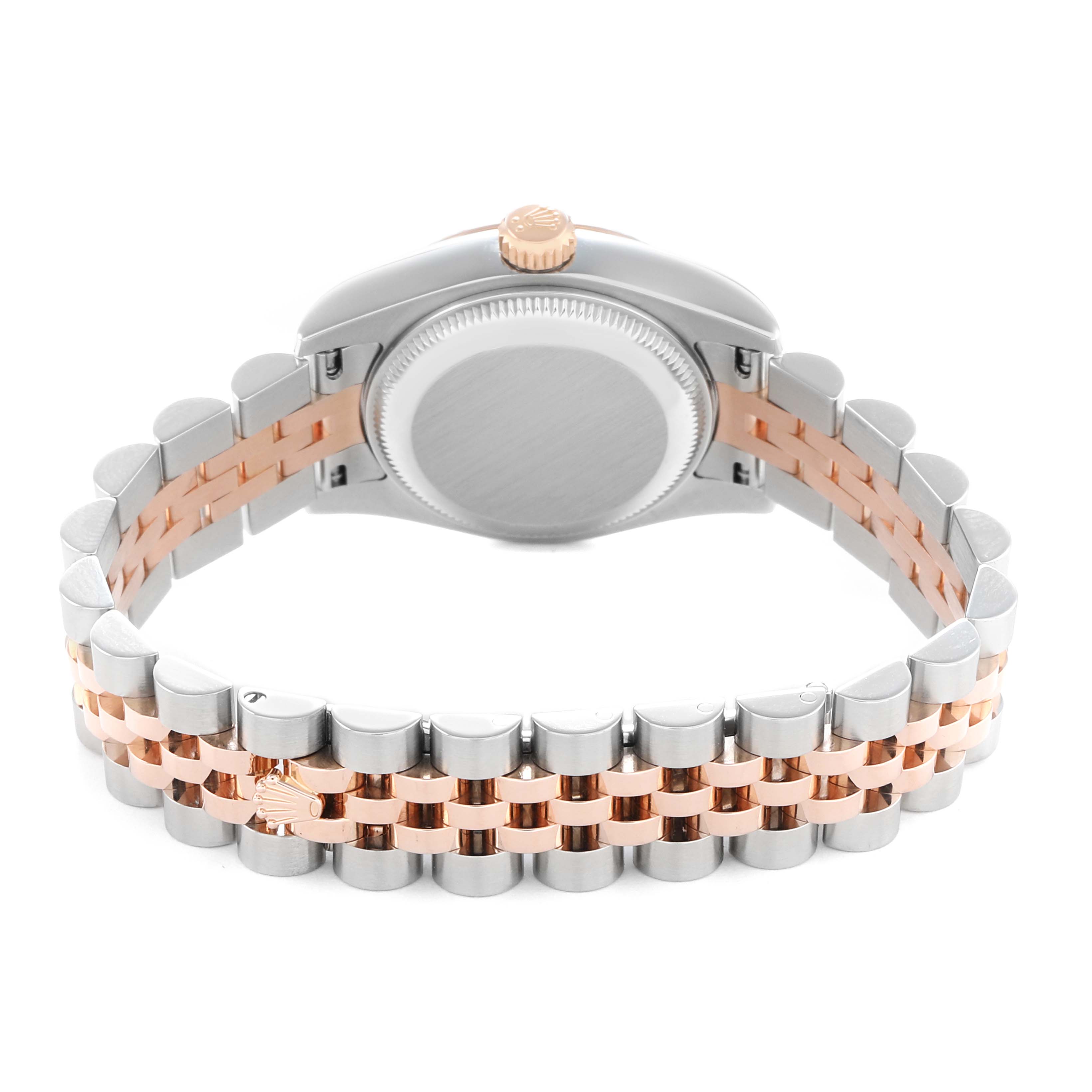 The Rolex Datejust 179171 Women
s Steel and Gold (two tone) Black Dial watch is shown from the back and side, highlighting the bracelet and crown.