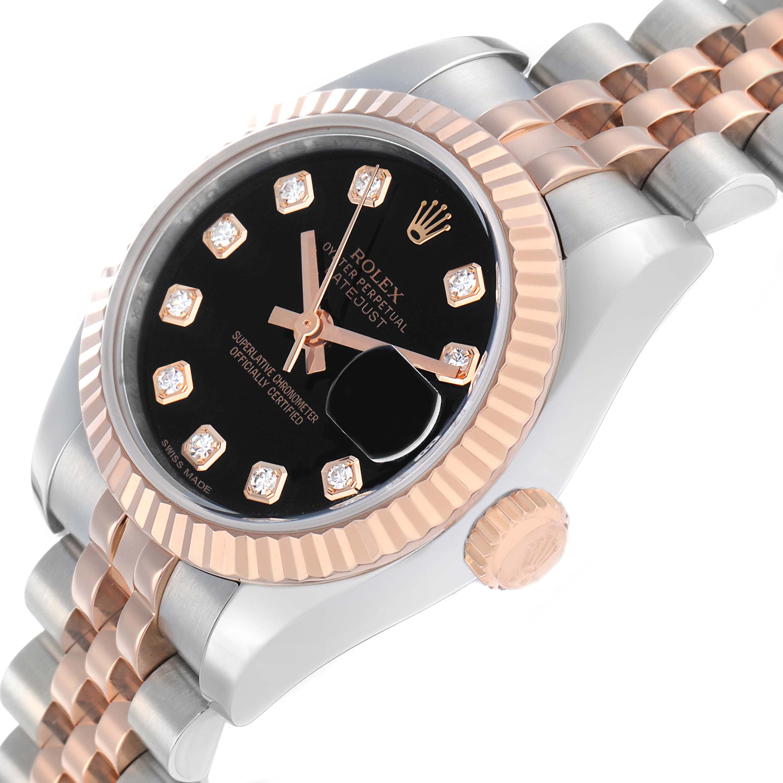 The Rolex Datejust 179171 Women
s Steel and Gold (two tone) Black Dial is shown at an angle highlighting the bezel, dial, crown, and part of the bracelet.