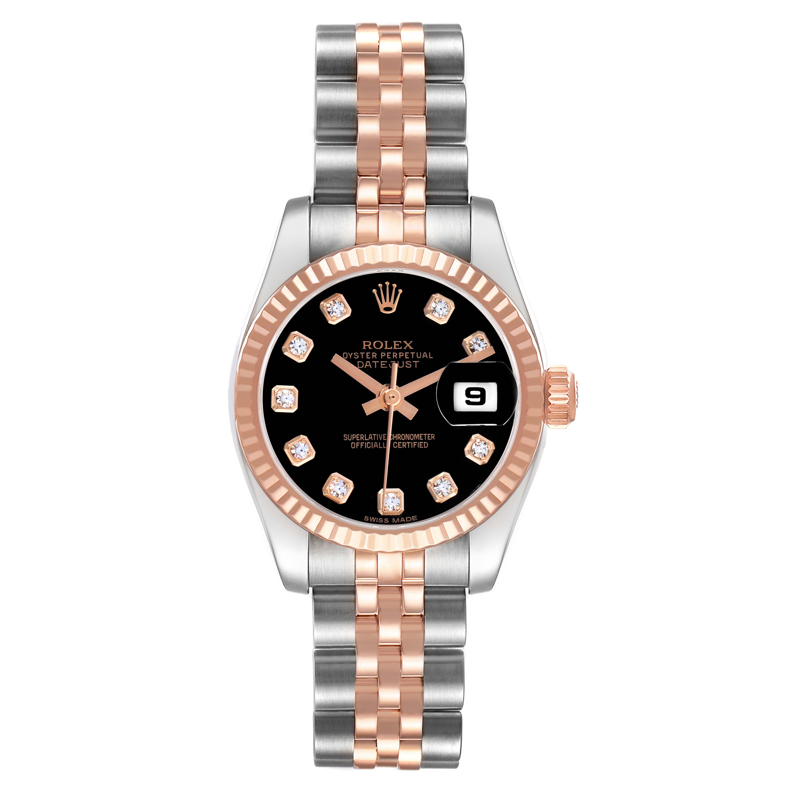 The Rolex Datejust 179171 Women
s Steel and Gold (two tone) Black Dial watch is shown from a top-down angle, highlighting the dial, bezel, and two-tone bracelet.