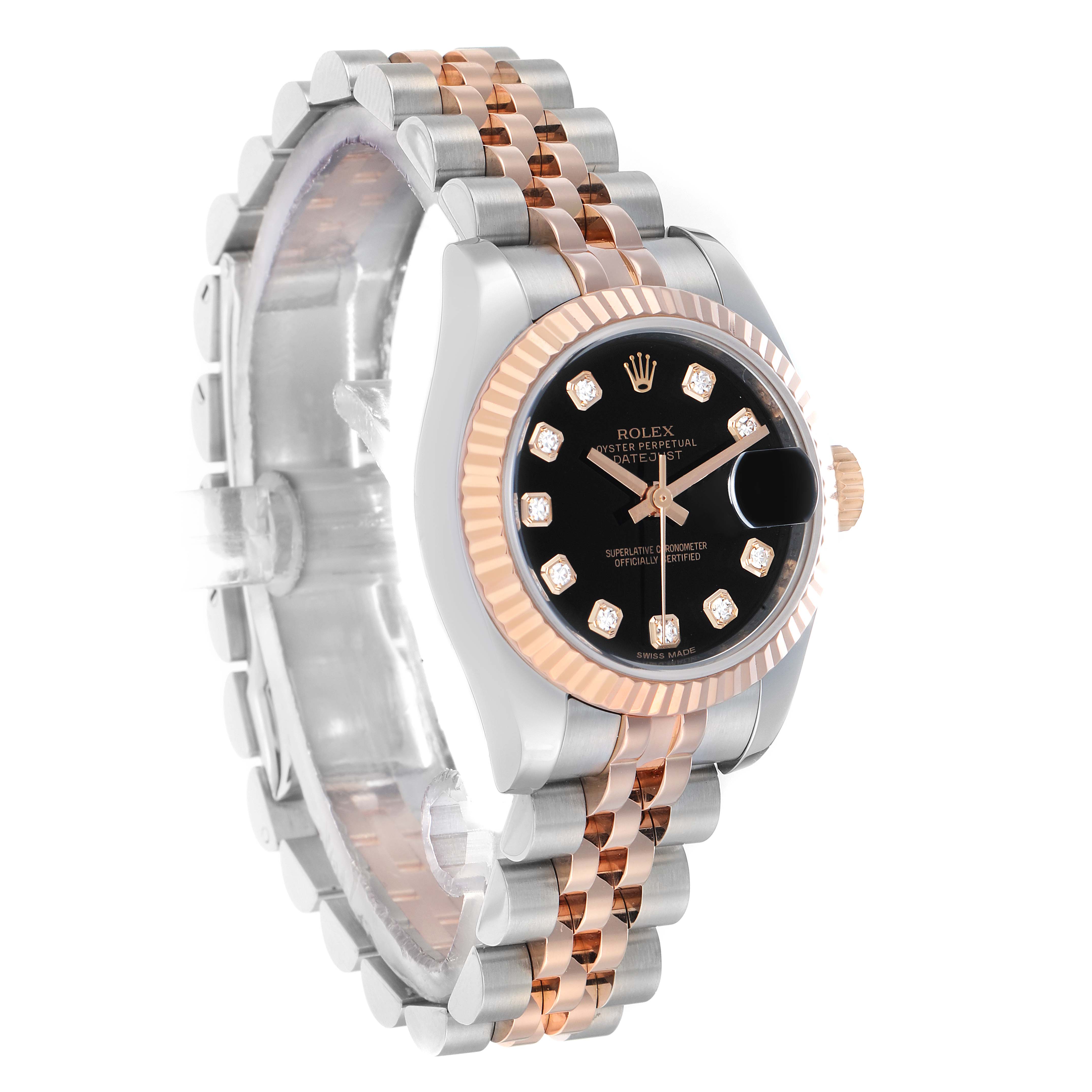 The Rolex Datejust 179171 Women
s Steel and Gold (two tone) Black Dial watch is viewed from a front angle, showing the face, bezel, and part of the bracelet.