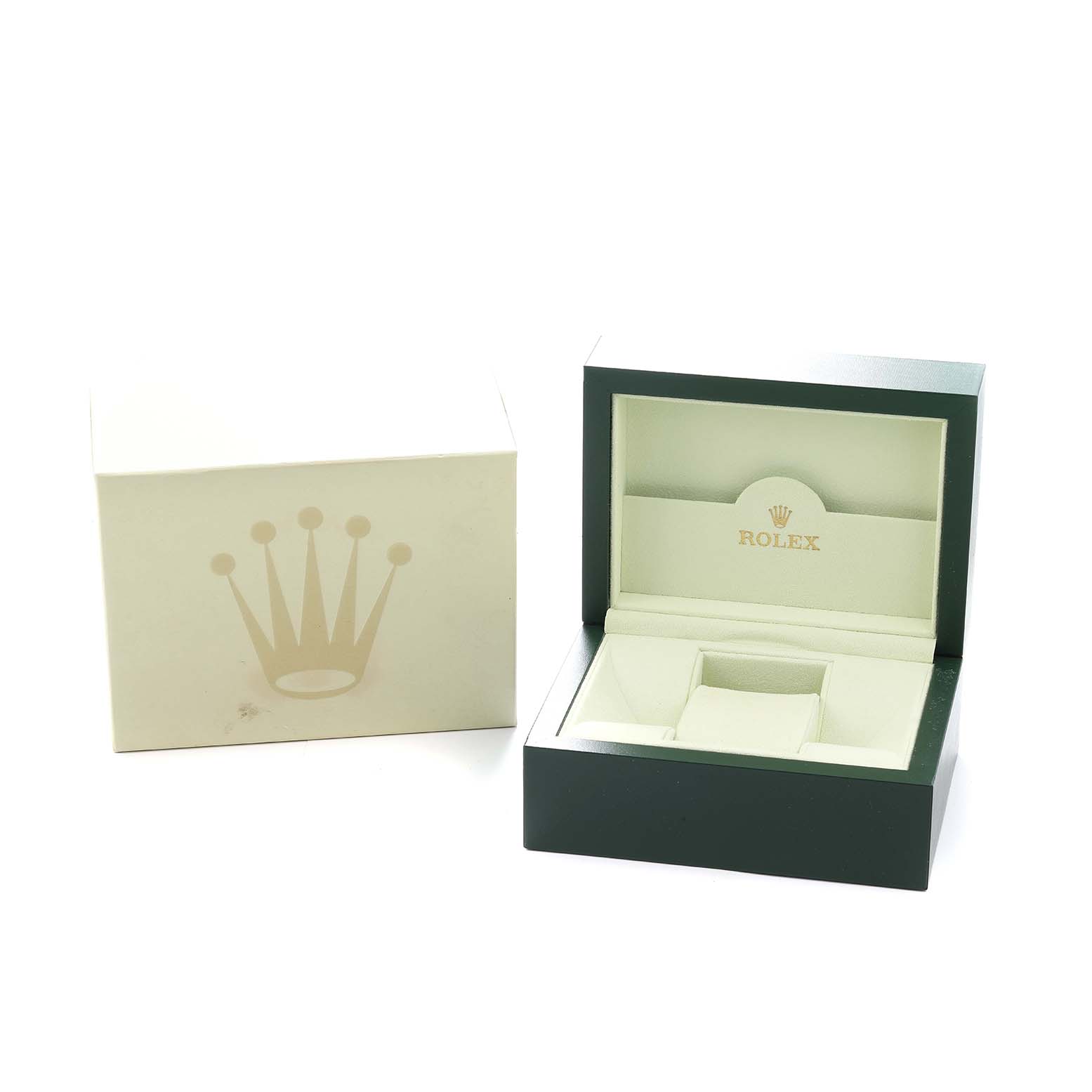 The image shows the packaging and a green box for a Rolex Datejust 179171 Women
s Steel and Gold (two tone) Black Dial watch, open and empty.