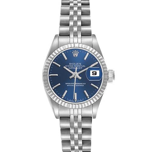The Rolex Datejust 69174 Women's Stainless Steel Blue Dial watch is shown from a front angle, displaying its face, bezel, bracelet, and date window.