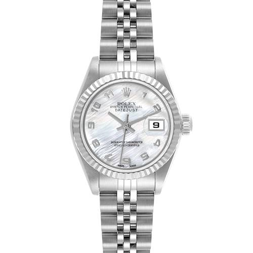 The Rolex Datejust 79174 Women's Stainless Steel Mother of Pearl Dial watch is shown from a front angle, displaying the dial, bezel, bracelet, and date window.