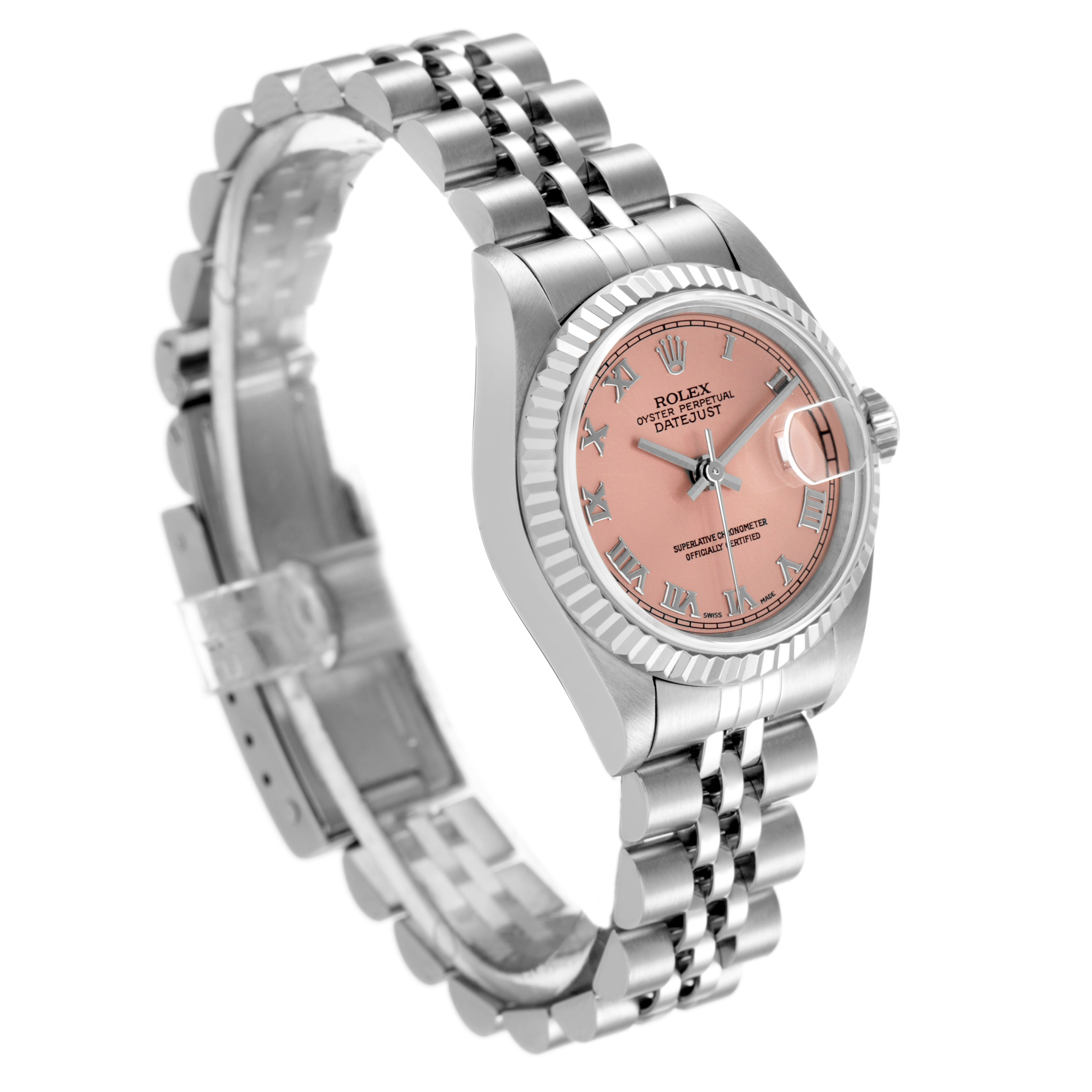 The Rolex Datejust 69174 Women's Stainless Steel Pink Dial watch is shown at a dynamic side angle, highlighting the dial, bezel, and Jubilee bracelet.