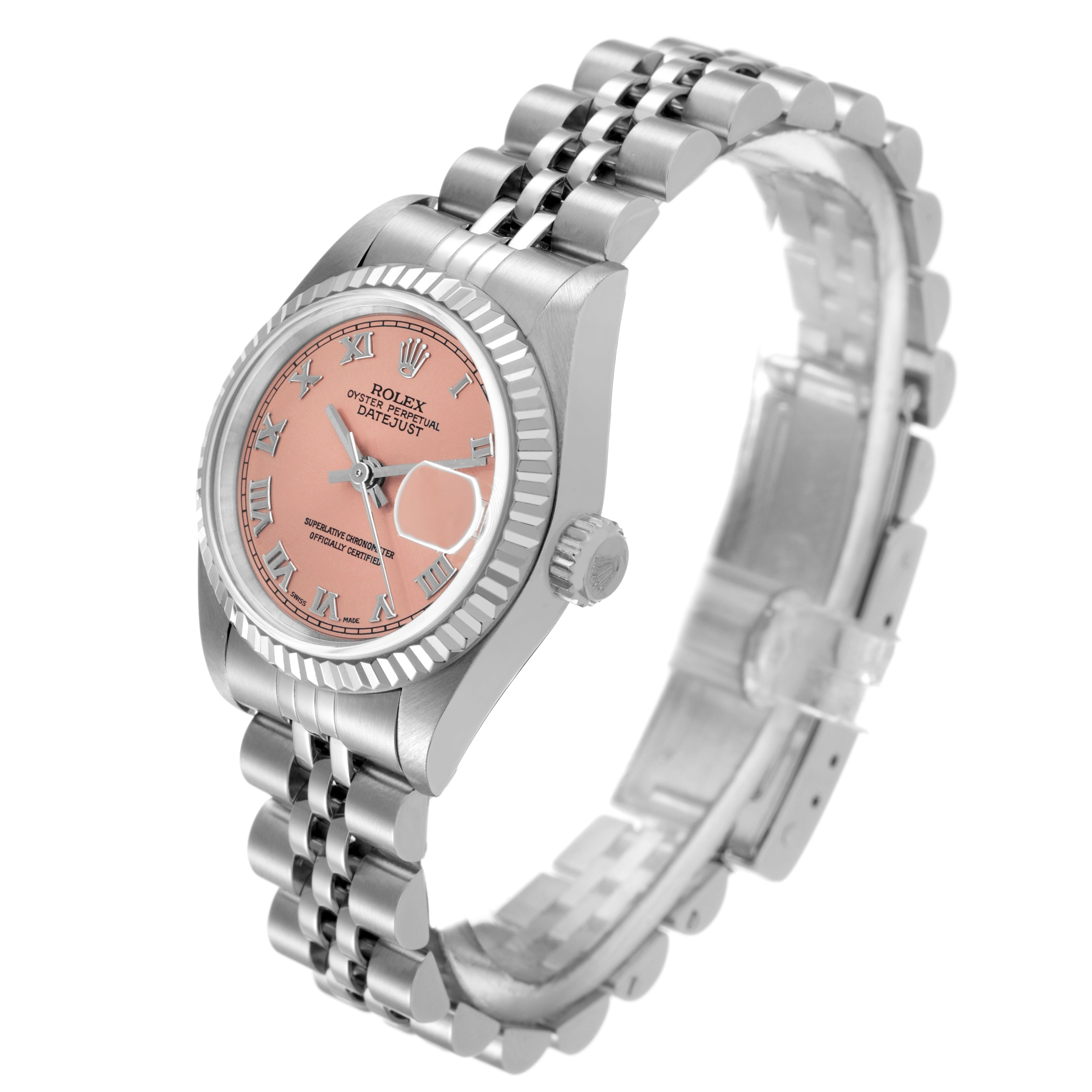 The Rolex Datejust 69174 Women's Stainless Steel Pink Dial watch is shown at a three-quarter angle, displaying the dial, case, crown, and Jubilee bracelet.