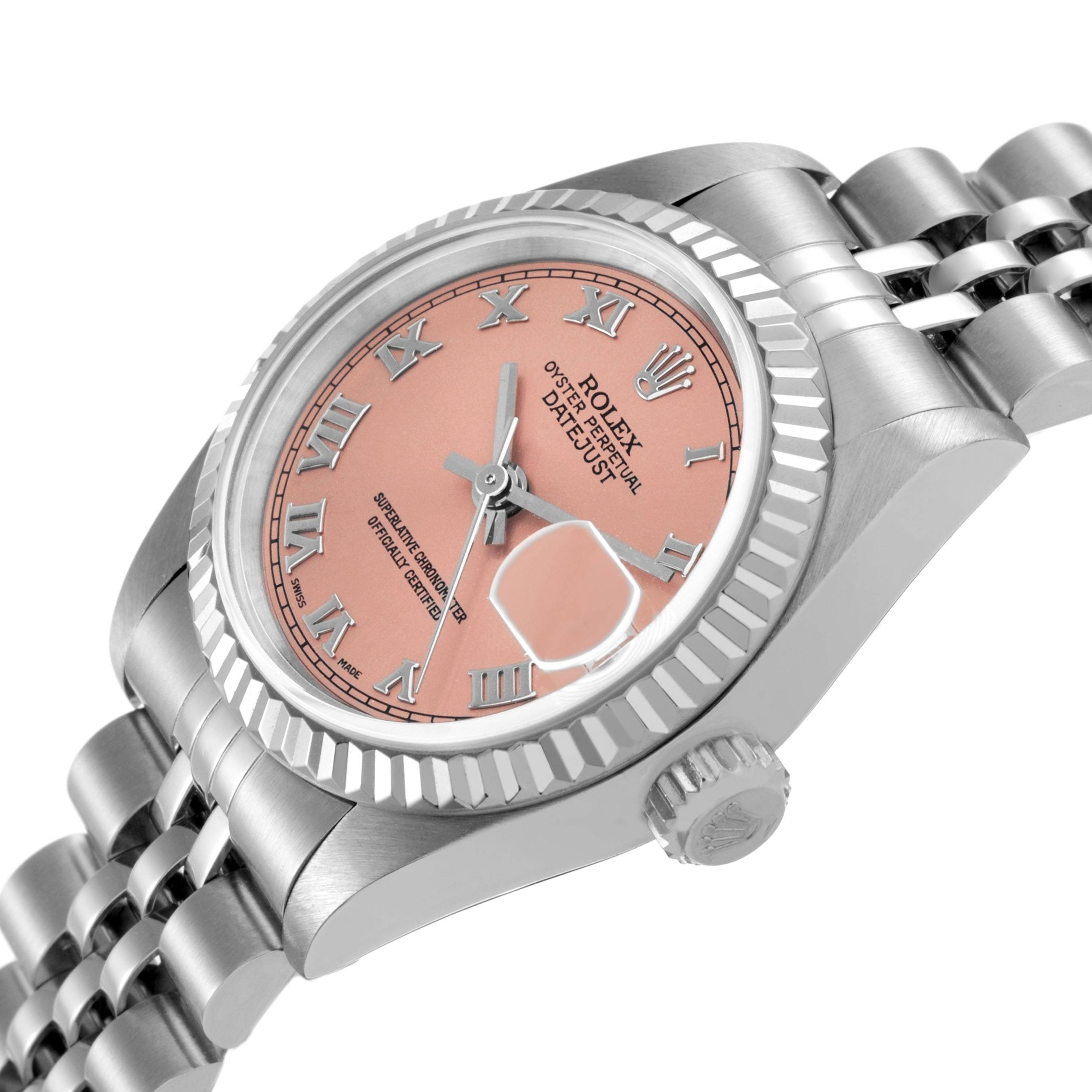 The Rolex Datejust 69174 Women's Stainless Steel Pink Dial watch is shown from a side angle, highlighting the face, dial, bezel, and part of the bracelet.