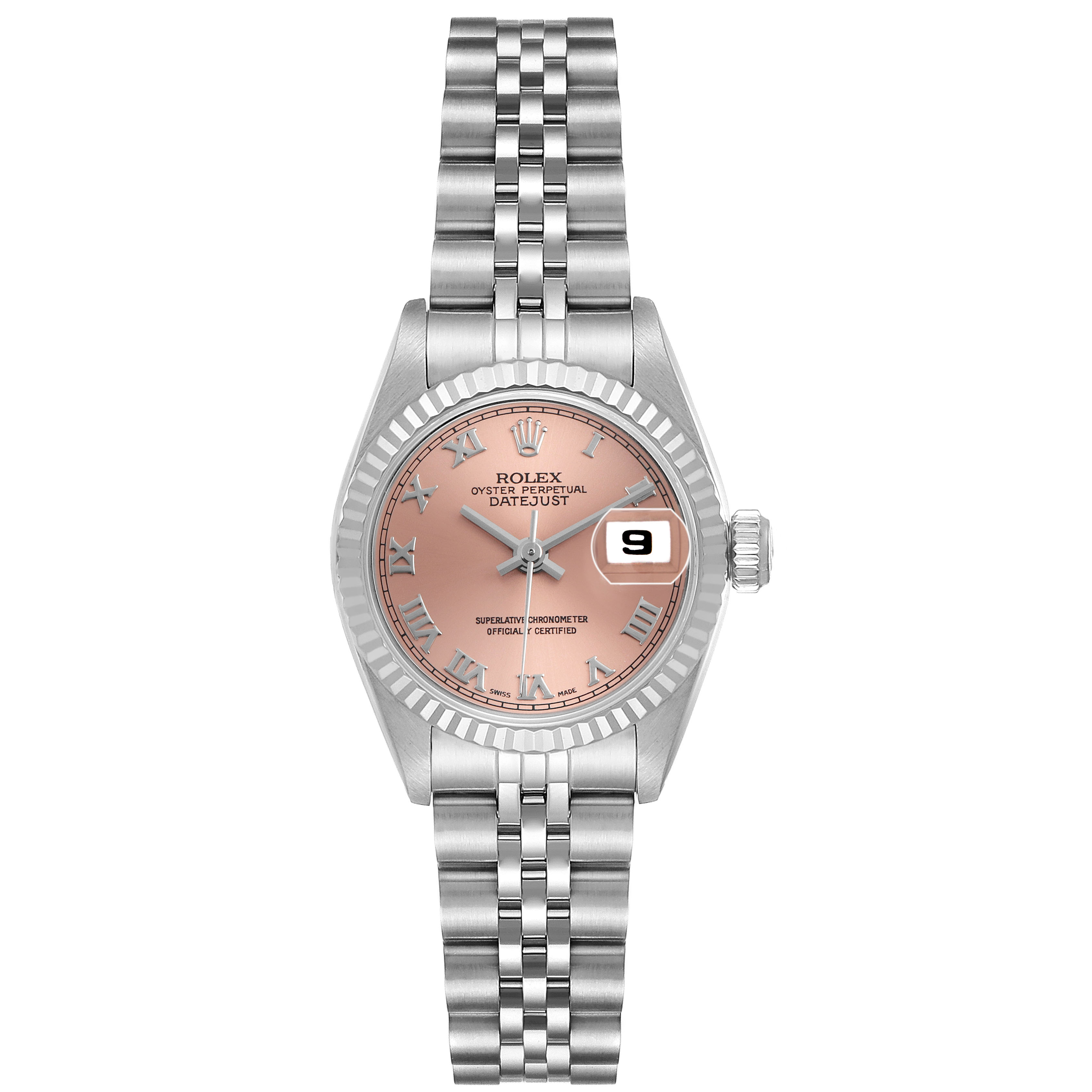 The Rolex Datejust 69174 Women's Stainless Steel Pink Dial watch is shown from the front, highlighting its pink dial, bezel, and jubilee bracelet.