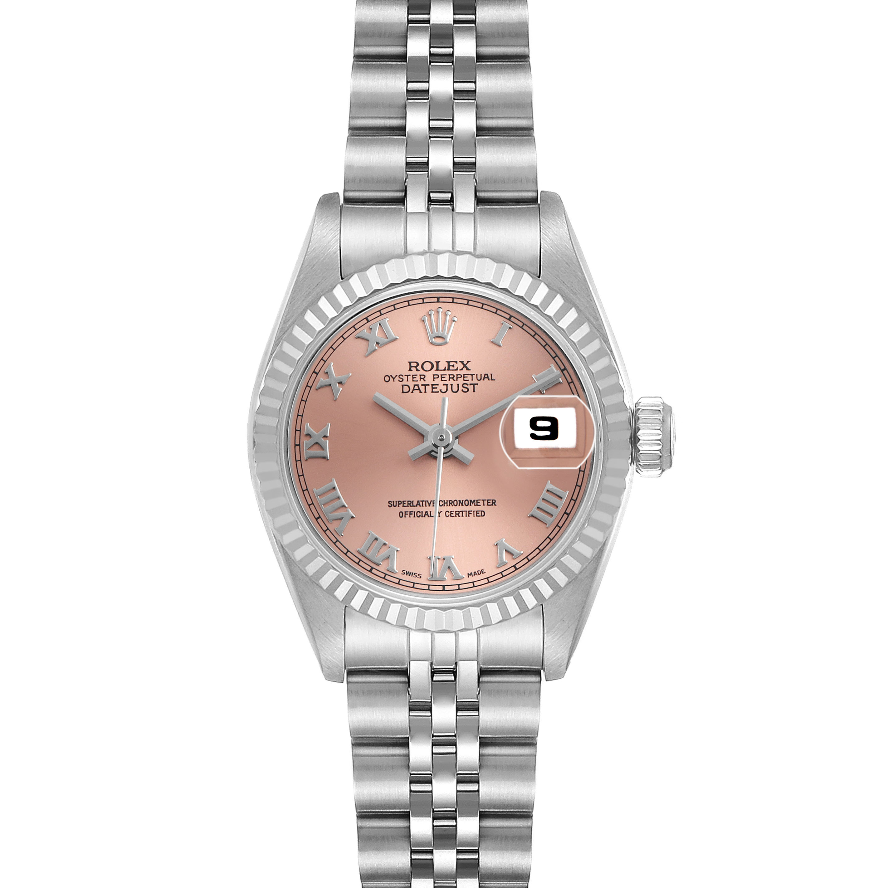 The image shows a frontal view of the Rolex Datejust 69174 Women's Stainless Steel Pink Dial, highlighting its pink dial, fluted bezel, and Jubilee bracelet.