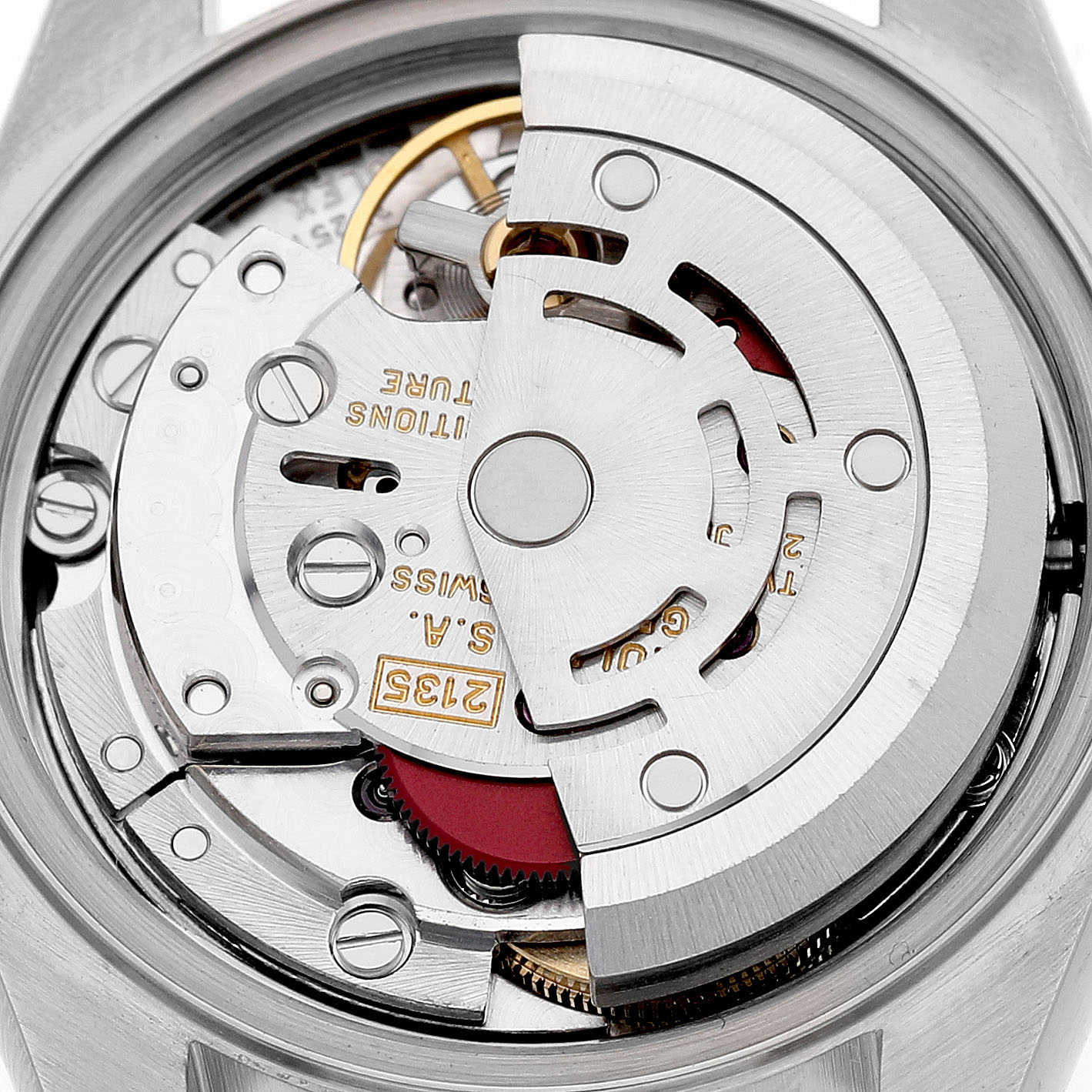 This image shows the internal movement of a Rolex Datejust 69174 Women's Stainless Steel Pink Dial watch, highlighting its intricate mechanical parts.