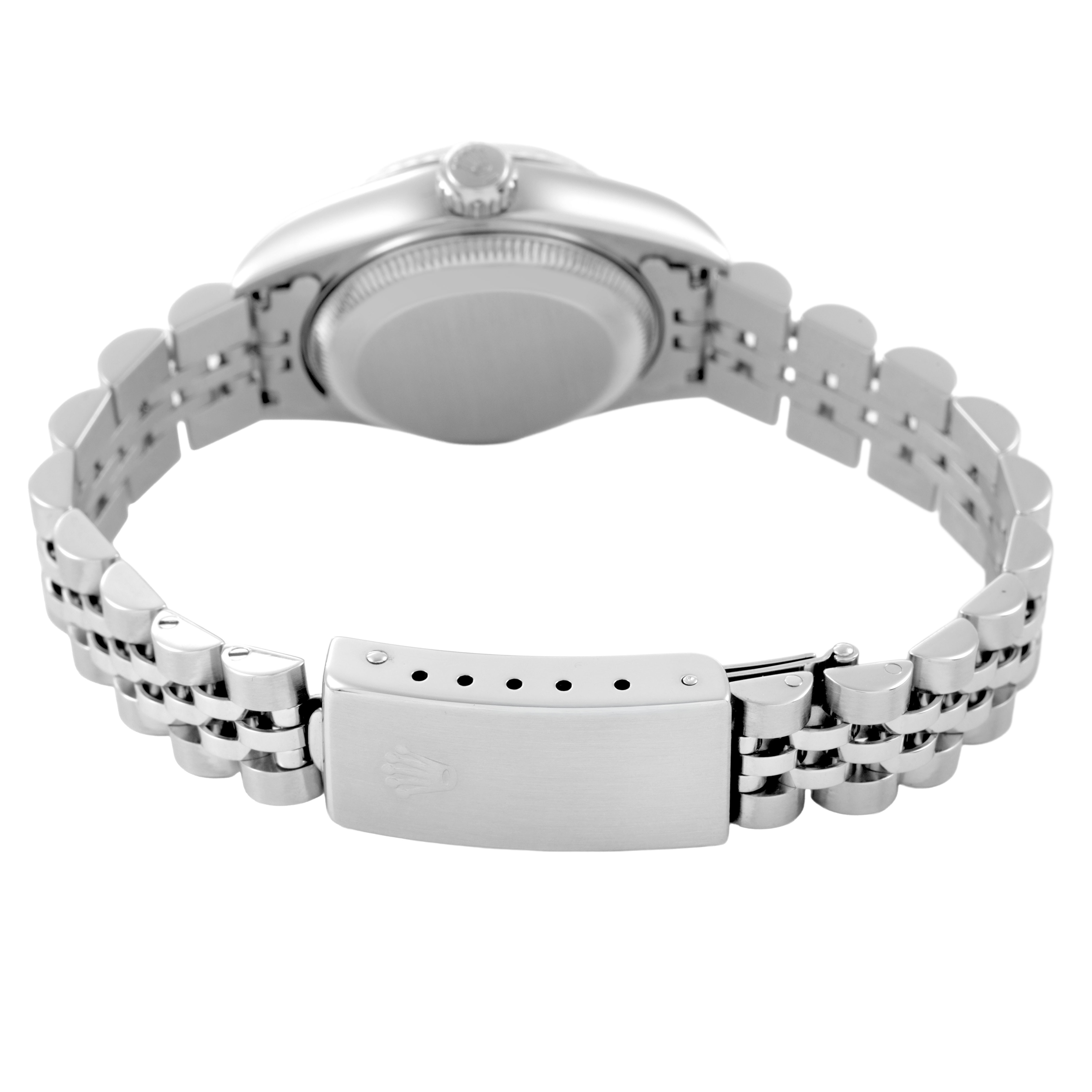 The image shows the back view of a Rolex Datejust 69174 Women's Stainless Steel Pink Dial watch, highlighting the clasp and bracelet details.