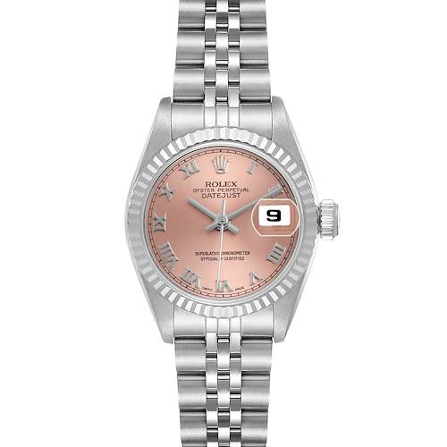 The Rolex Datejust 69174 Women's Stainless Steel Pink Dial watch is shown from the front, displaying its face, bezel, bracelet, and date feature clearly.