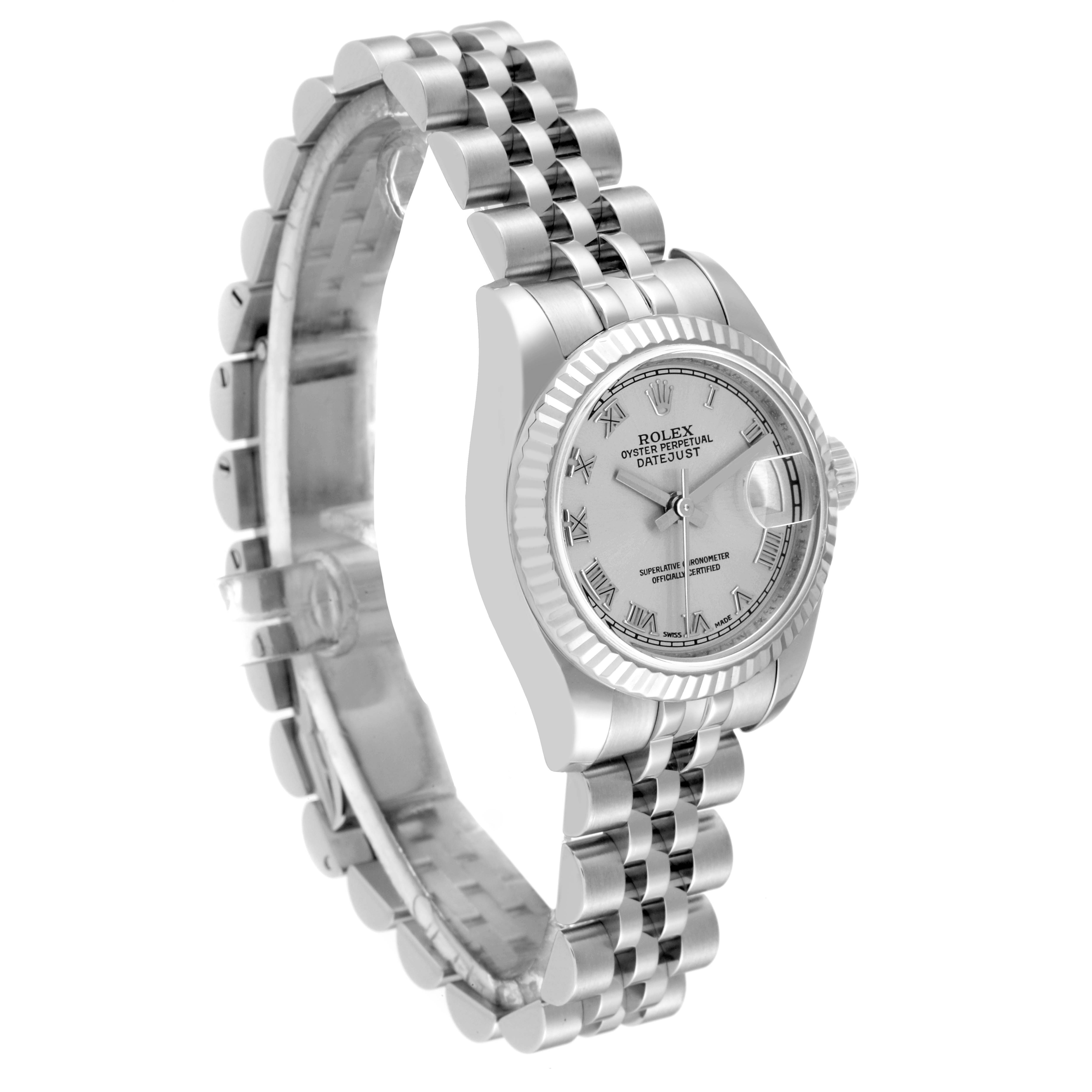This image shows a close-up angled view of the Rolex Datejust 179174 Women's Stainless Steel Silver Dial 179174 Women's Stainless Steel Silver Dial watch displaying the face, bezel, and bracelet.