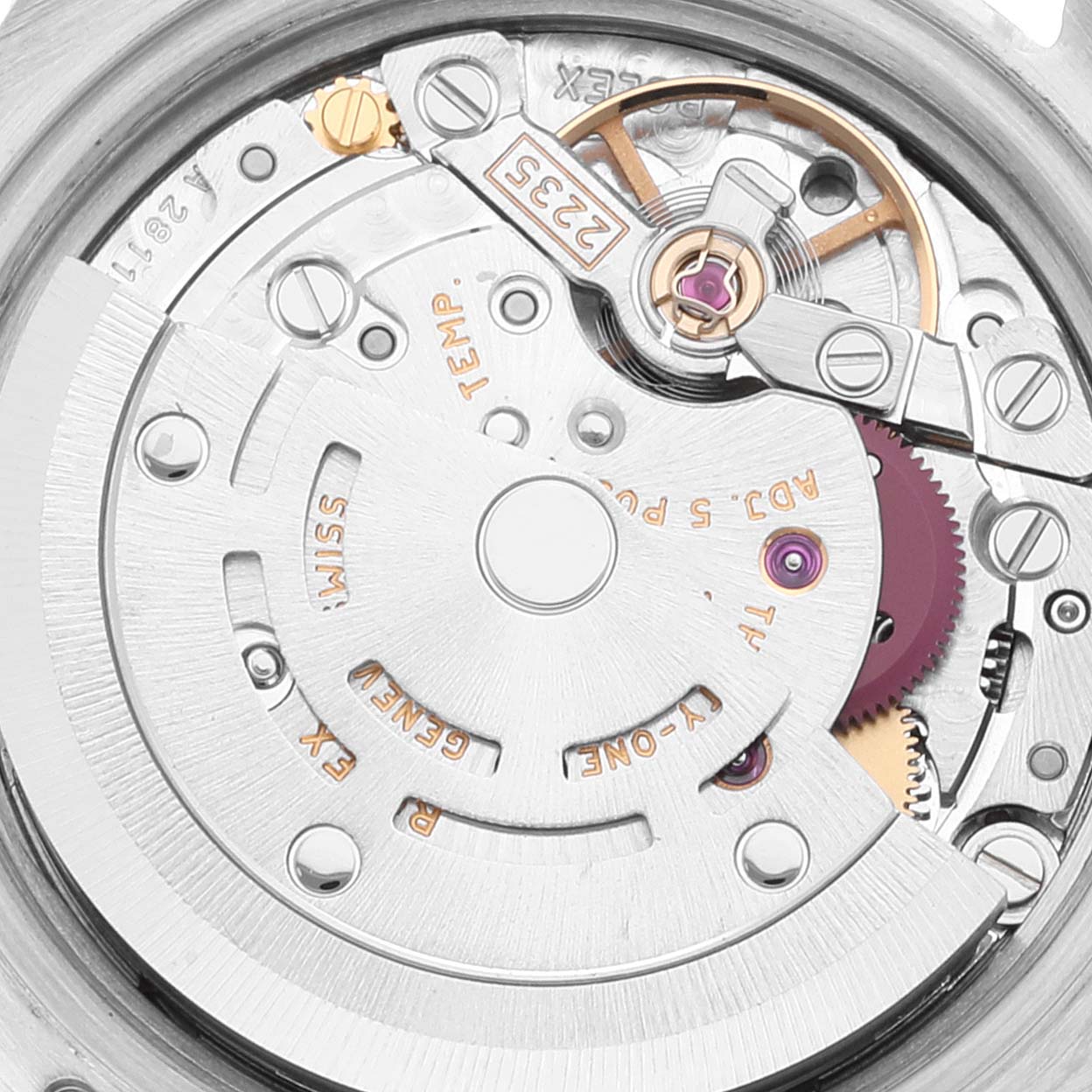 This image shows a close-up view of the movement mechanism inside a Rolex Datejust 179174 Women's Stainless Steel Silver Dial 179174 Women's Stainless Steel Silver Dial watch.