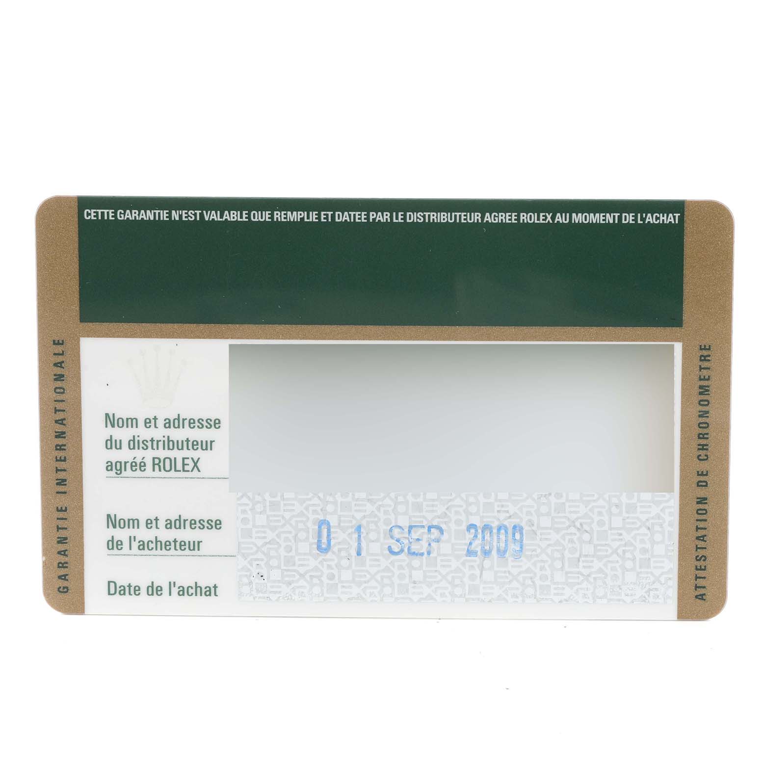 This is an international guarantee card for the Rolex Datejust 179174 Women's Stainless Steel Silver Dial 179174 Women's Stainless Steel Silver Dial model, showing purchase details.