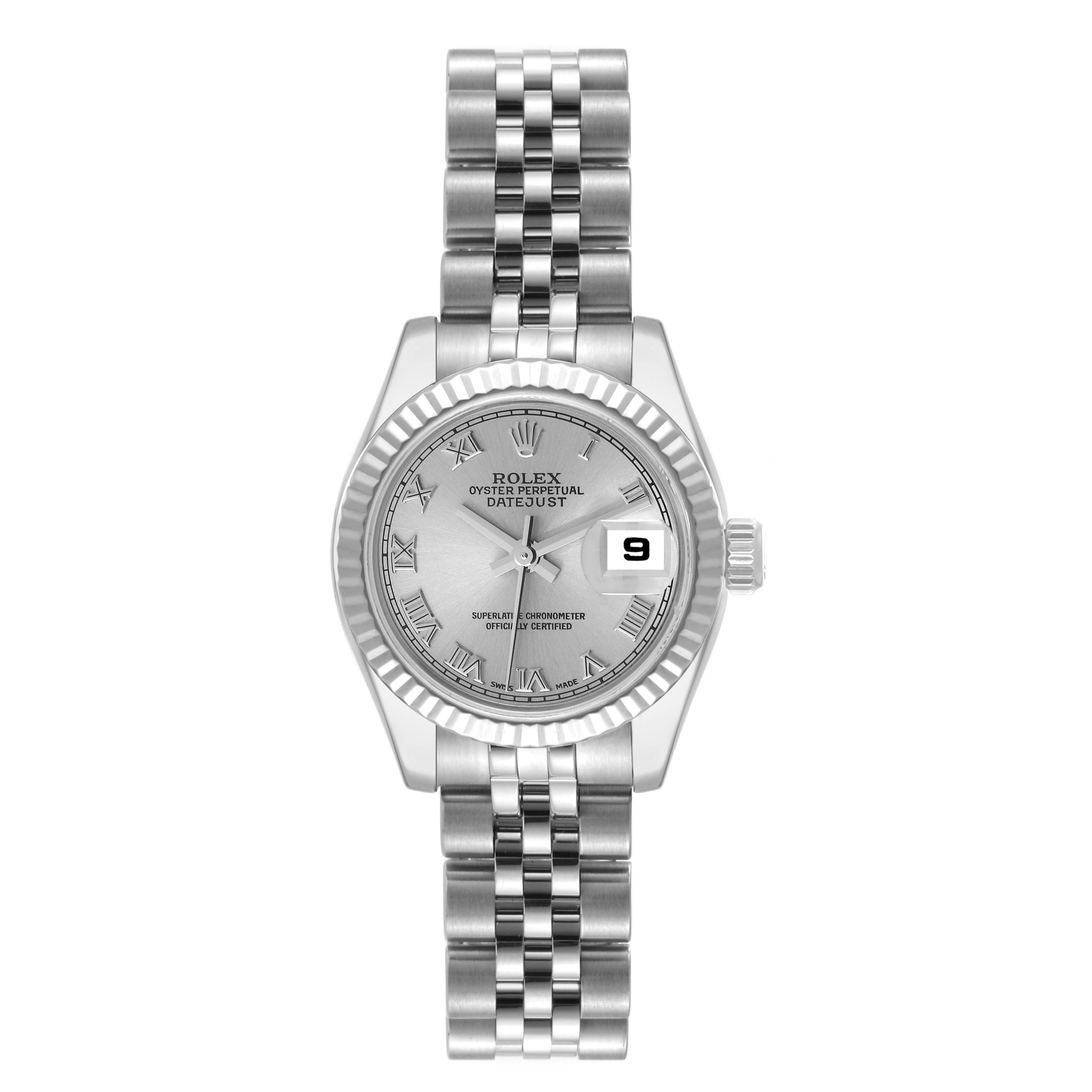 This image shows a front view of a Rolex Datejust 179174 Women's Stainless Steel Silver Dial 179174 Women's Stainless Steel Silver Dial watch, including its dial, bezel, and bracelet.