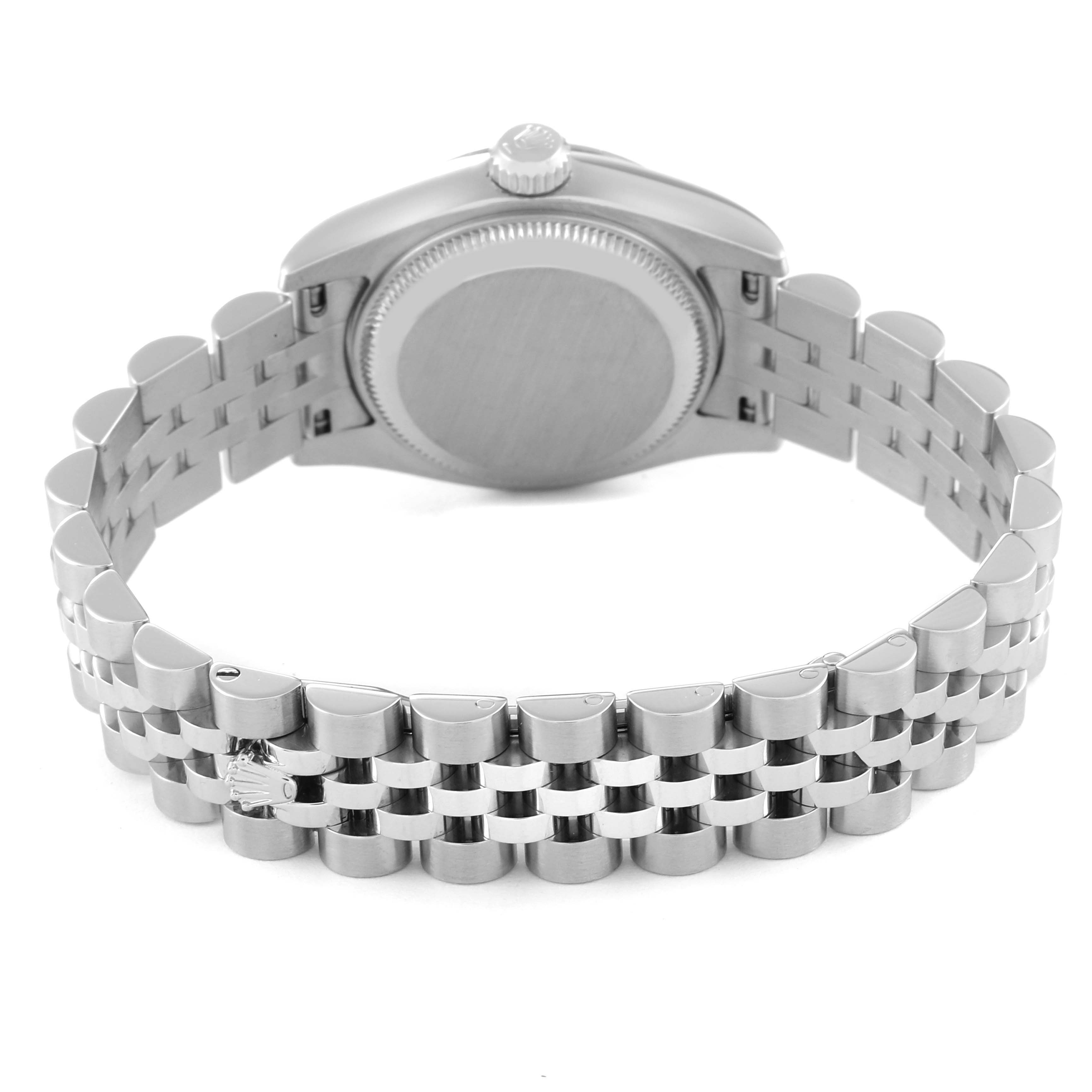 This image shows the case back and jubilee bracelet of a Rolex Datejust 179174 Women's Stainless Steel Silver Dial 179174 Women's Stainless Steel Silver Dial watch from a rear angle.