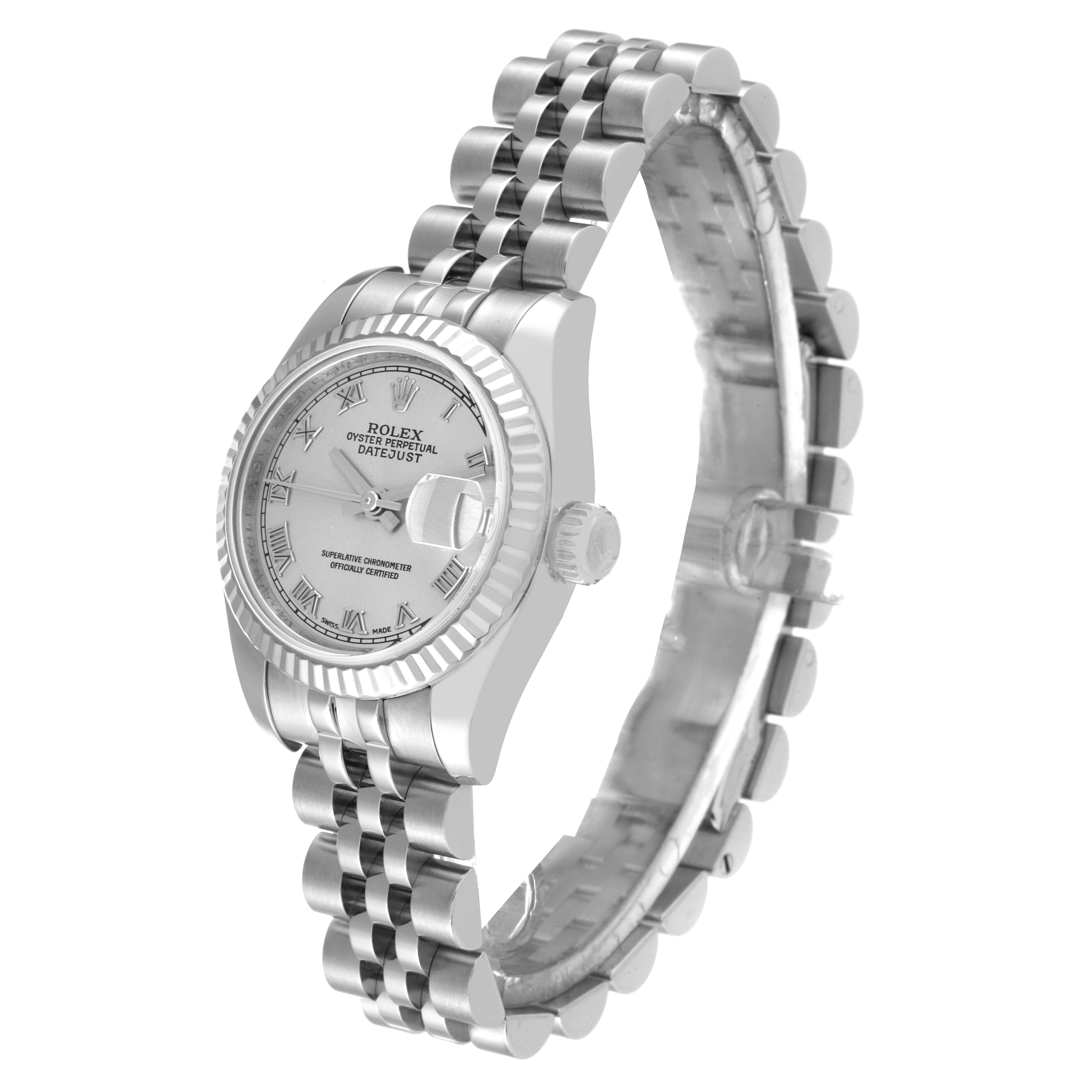 This image shows a Rolex Datejust 179174 Women's Stainless Steel Silver Dial 179174 Women's Stainless Steel Silver Dial watch from a side angle, highlighting the face, bezel, crown, and jubilee bracelet.