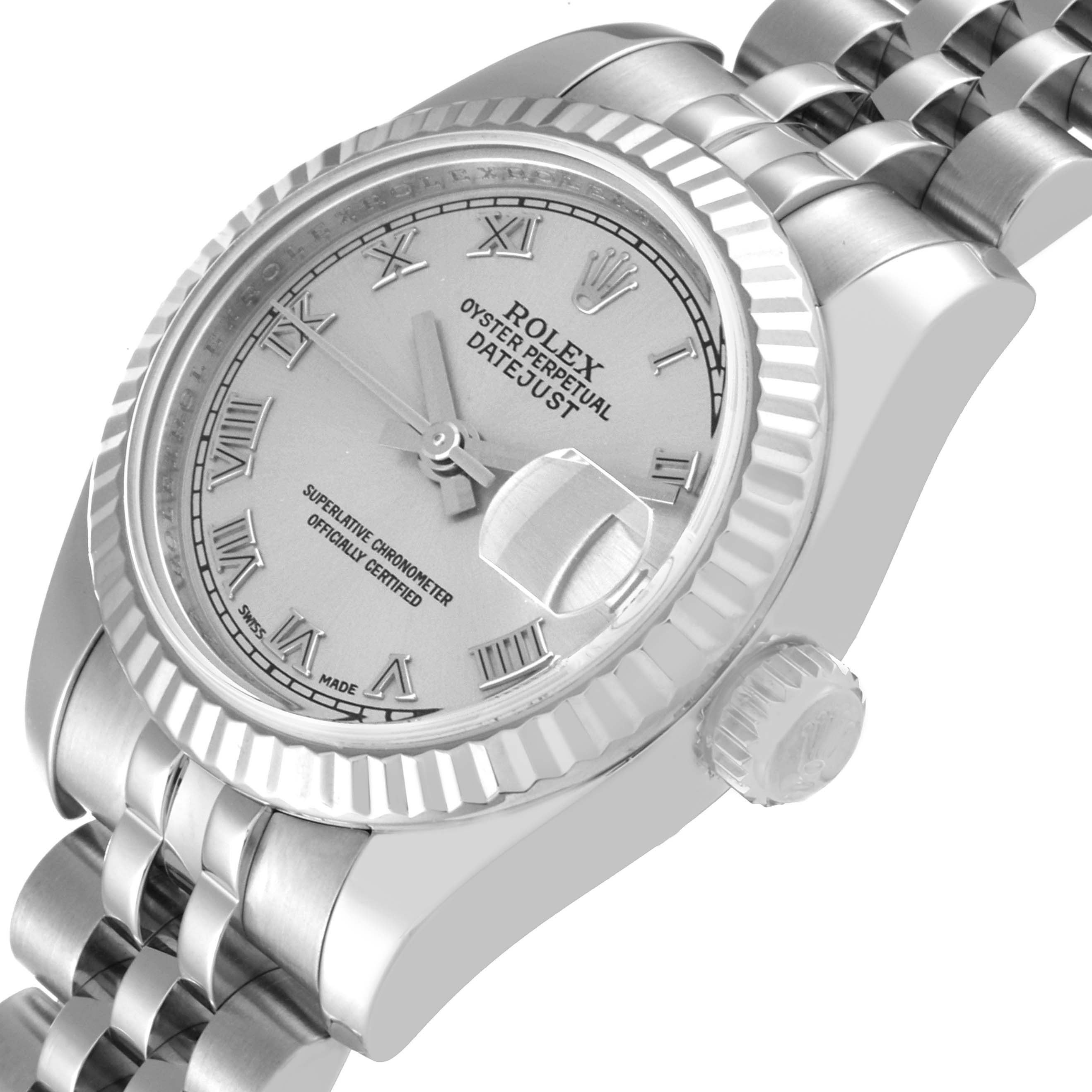 The image shows a close-up view of the face, bezel, and part of the bracelet of the Rolex Datejust 179174 Women's Stainless Steel Silver Dial 179174 Women's Stainless Steel Silver Dial watch from a side angle.
