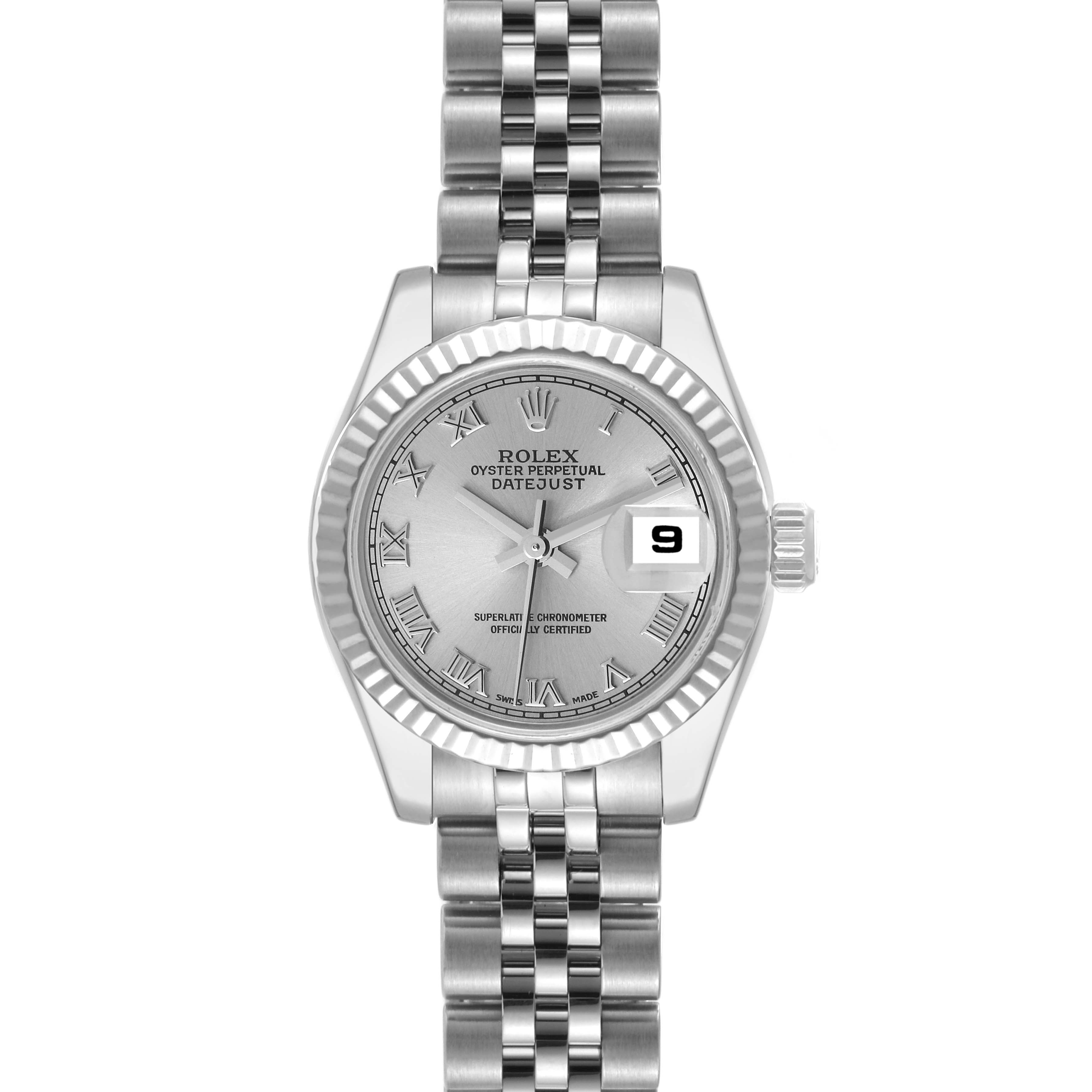 This image shows a front view of a Rolex Datejust 179174 Women's Stainless Steel Silver Dial 179174 Women's Stainless Steel Silver Dial watch, displaying the dial, hands, fluted bezel, and Jubilee bracelet.