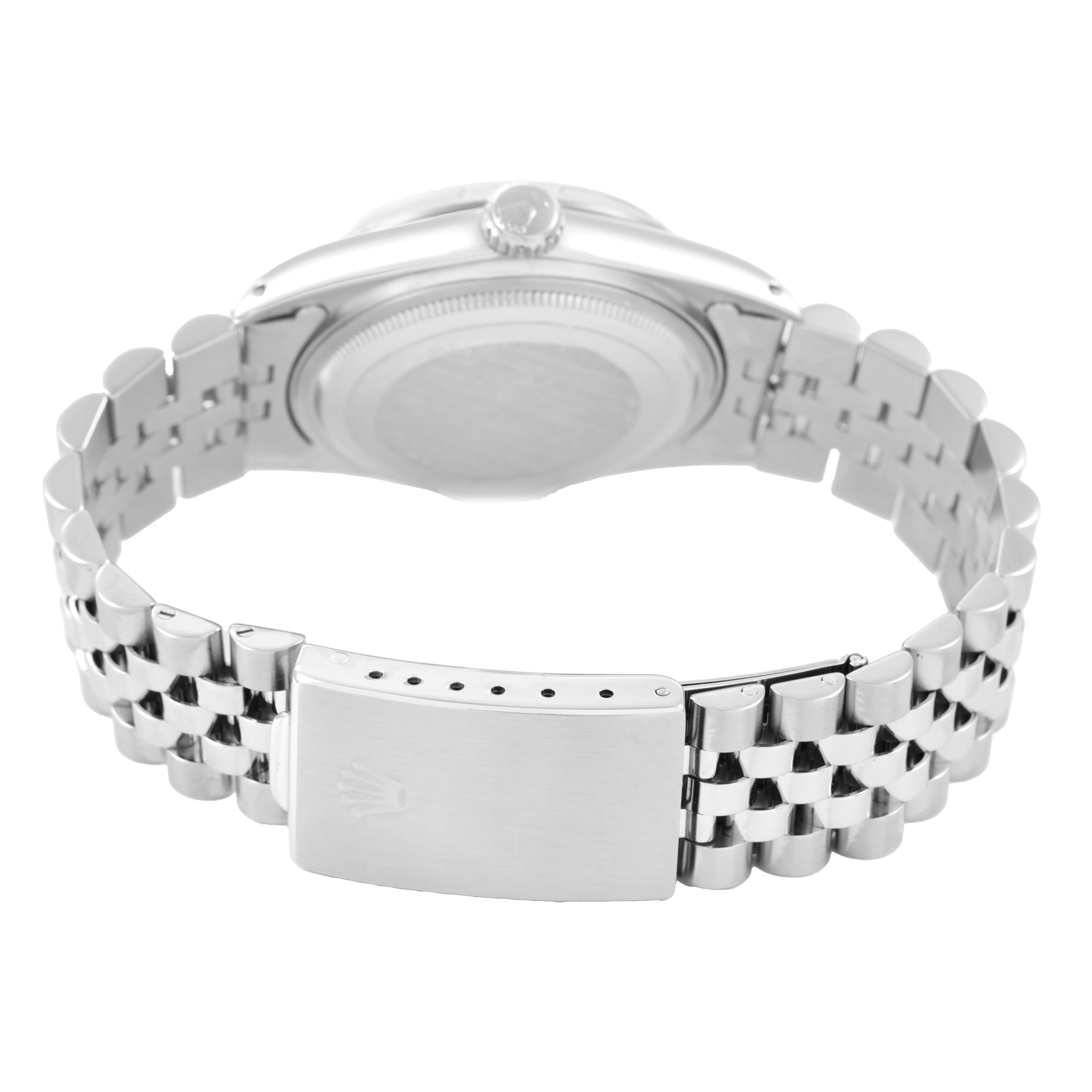 The image shows the back view of a Rolex Datejust 16014 Men's Stainless Steel Silver Dial, focusing on the bracelet and clasp.