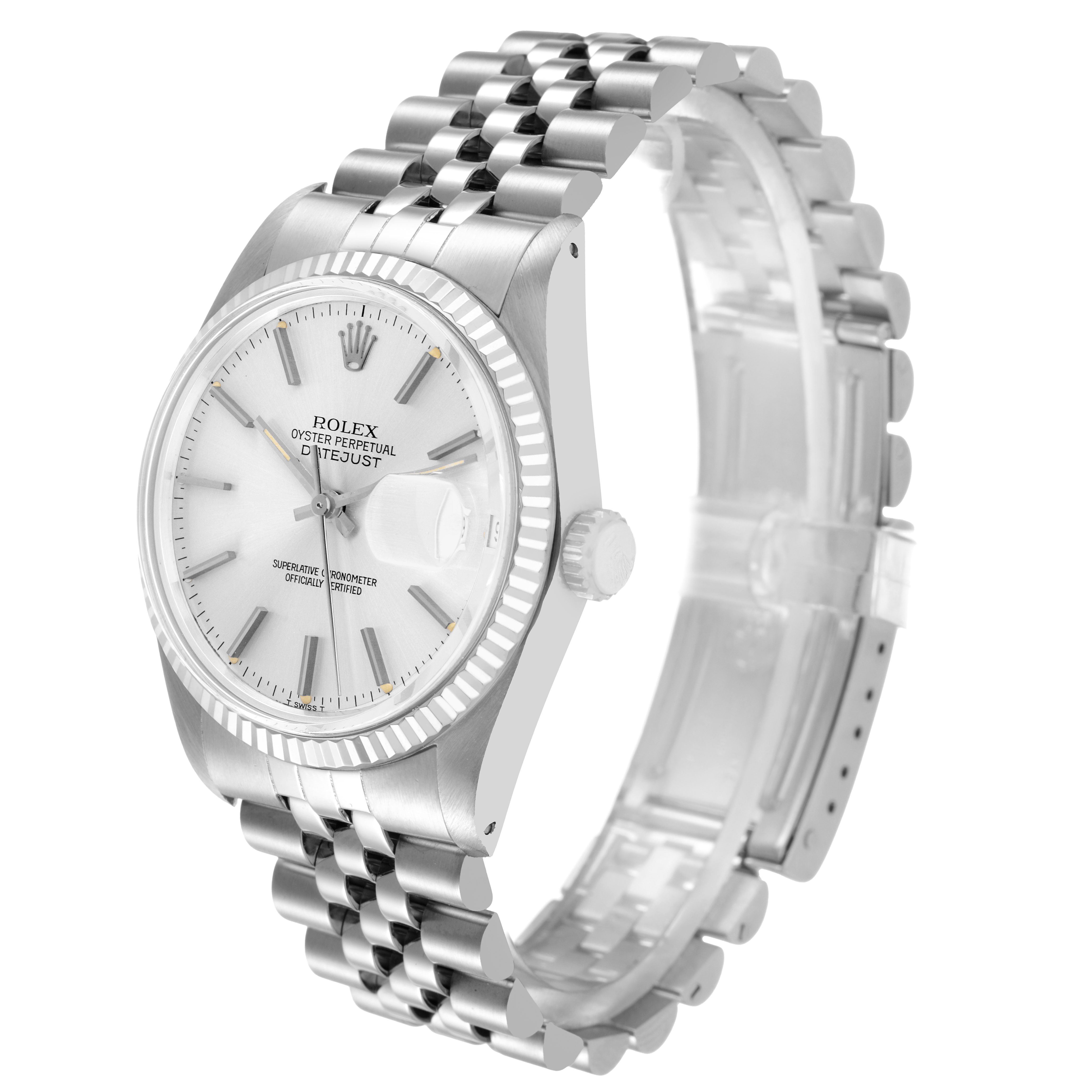 The Rolex Datejust 16014 Men's Stainless Steel Silver Dial watch is shown at a three-quarter angle, highlighting the dial, bezel, crown, and Jubilee bracelet.