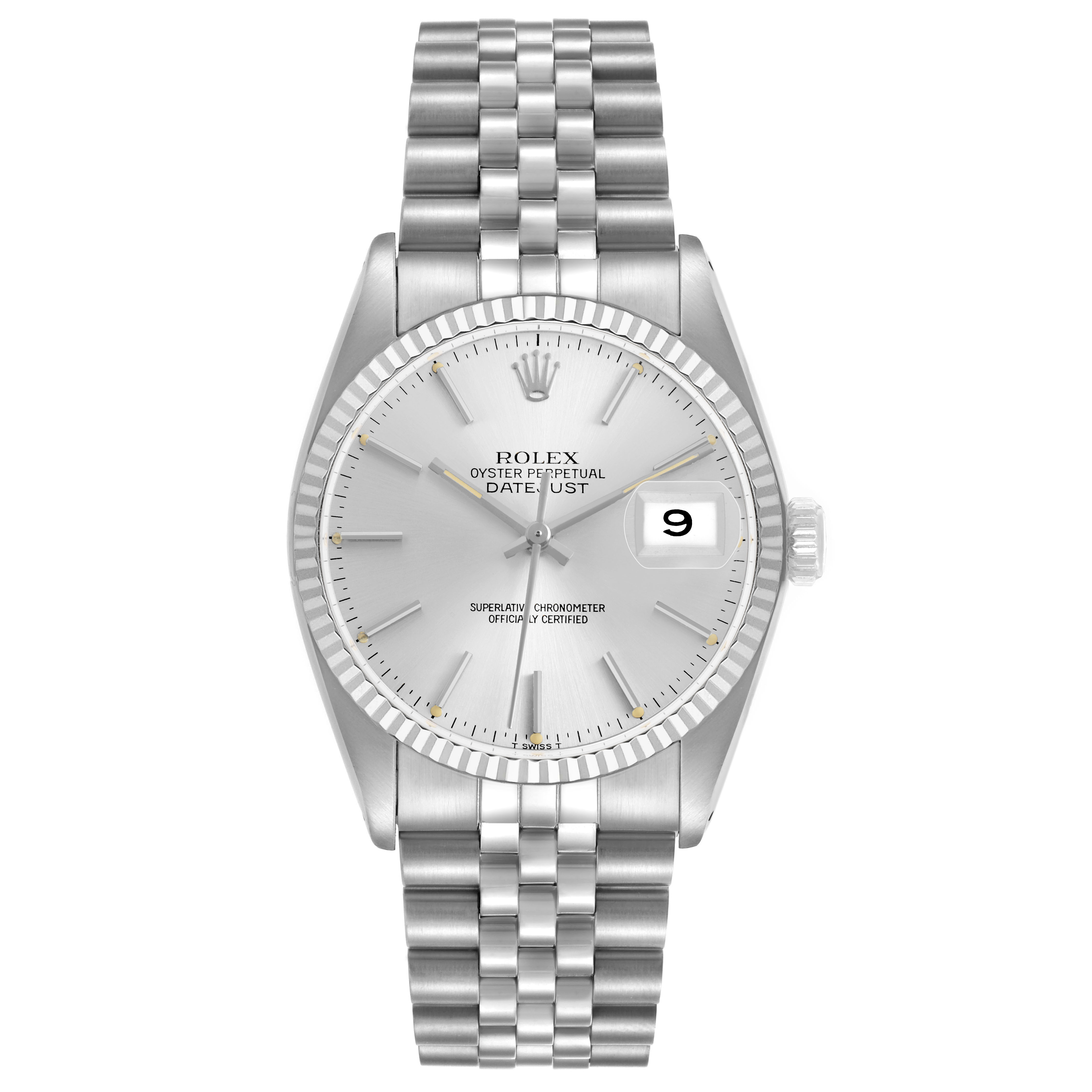 The Rolex Datejust 16014 Men's Stainless Steel Silver Dial watch is shown from a front view, highlighting the dial, bezel, bracelet, and date window.
