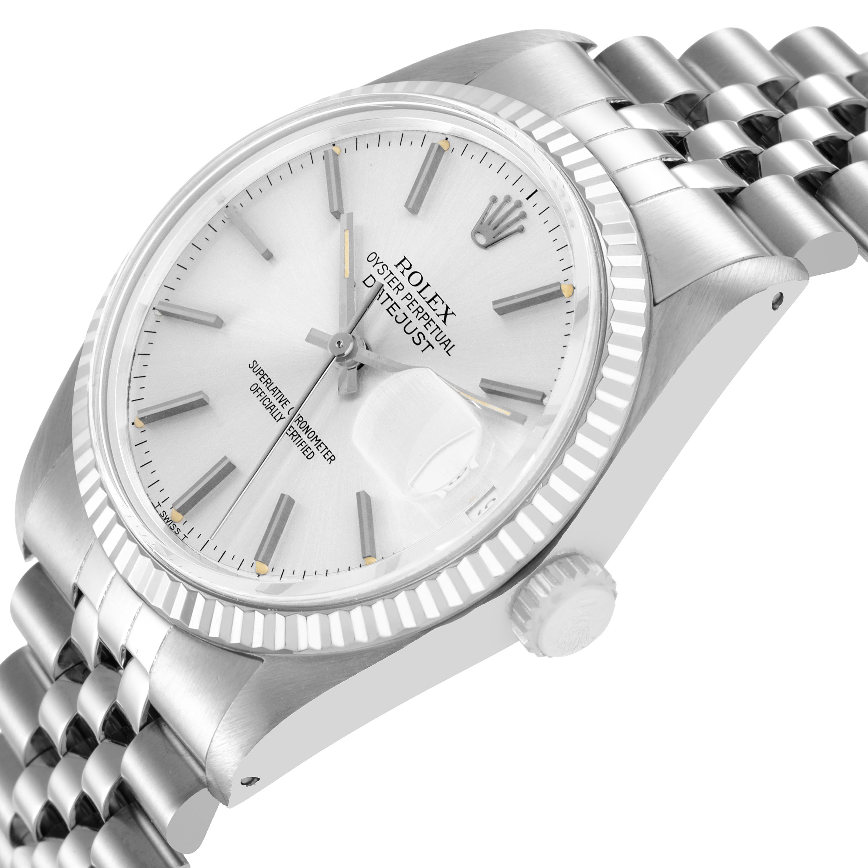 The image shows a Rolex Datejust 16014 Men's Stainless Steel Silver Dial watch at an angled side view, highlighting the dial, bezel, crown, and bracelet.