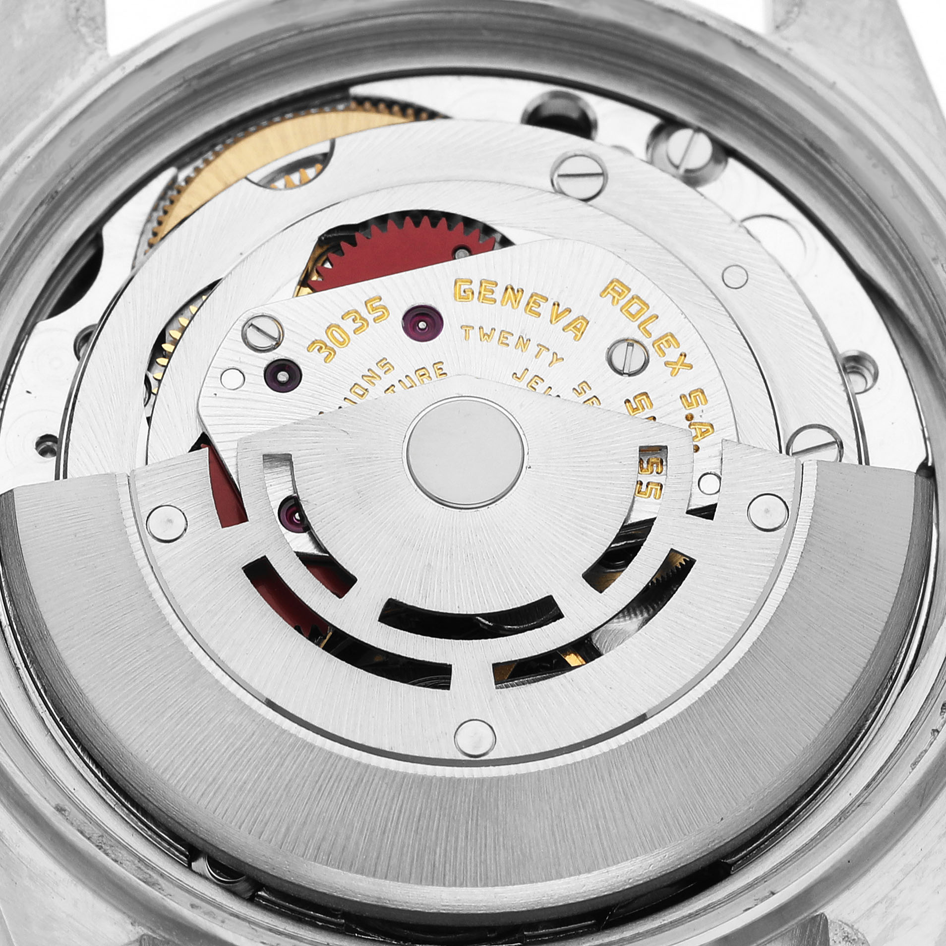 The image shows the movement of a Rolex Datejust 16014 Men's Stainless Steel Silver Dial watch from a top-down angle, highlighting the rotor and gears.