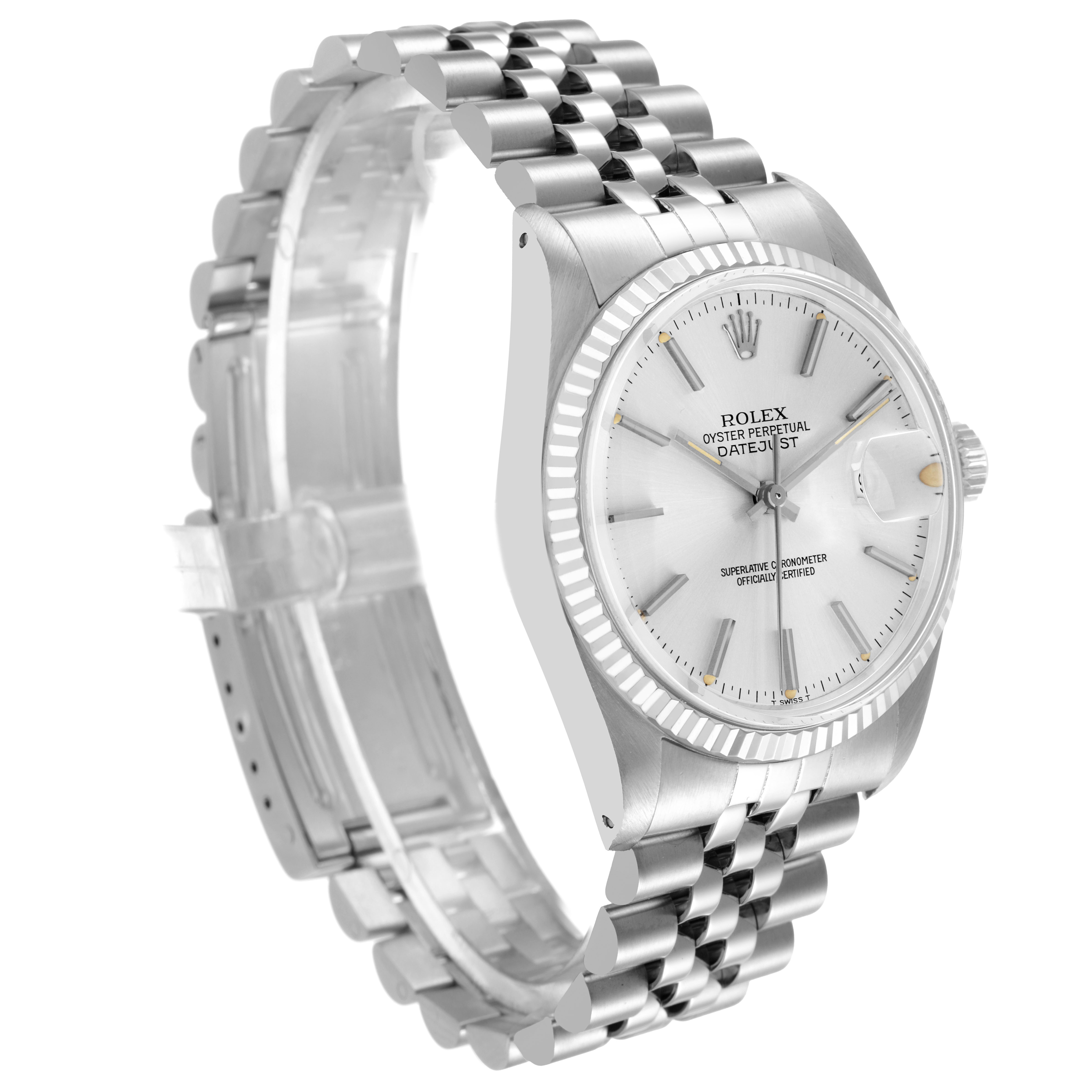 The Rolex Datejust 16014 Men's Stainless Steel Silver Dial watch is shown at a three-quarter angle, highlighting the face, bezel, and bracelet.