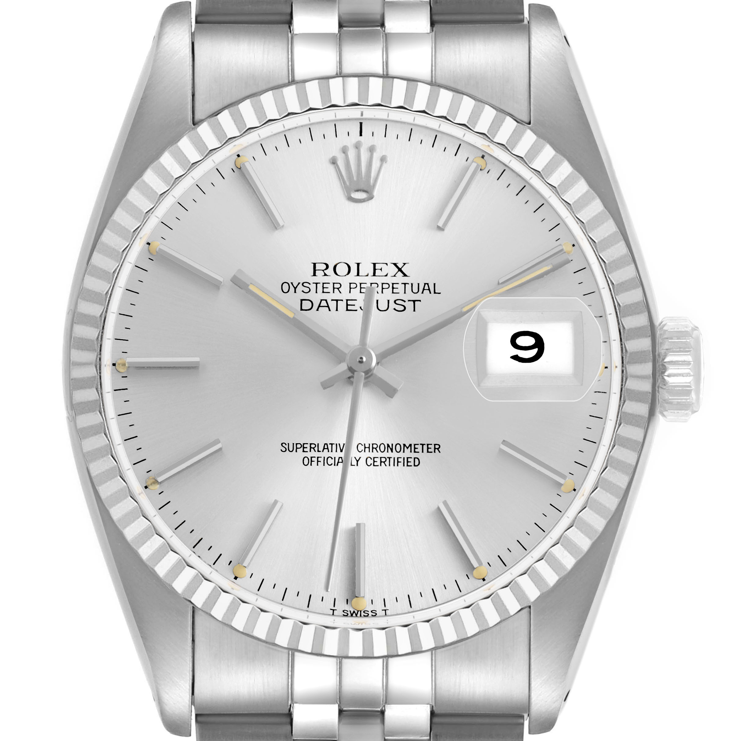 The image shows a front view of the Rolex Datejust 16014 Men's Stainless Steel Silver Dial, featuring its dial, hands, fluted bezel, and part of the Jubilee bracelet.