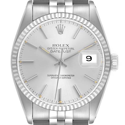 The image shows a Rolex Datejust 16014 Men's Stainless Steel Silver Dial watch, focusing on the dial, bezel, and part of the bracelet from a front angle.
