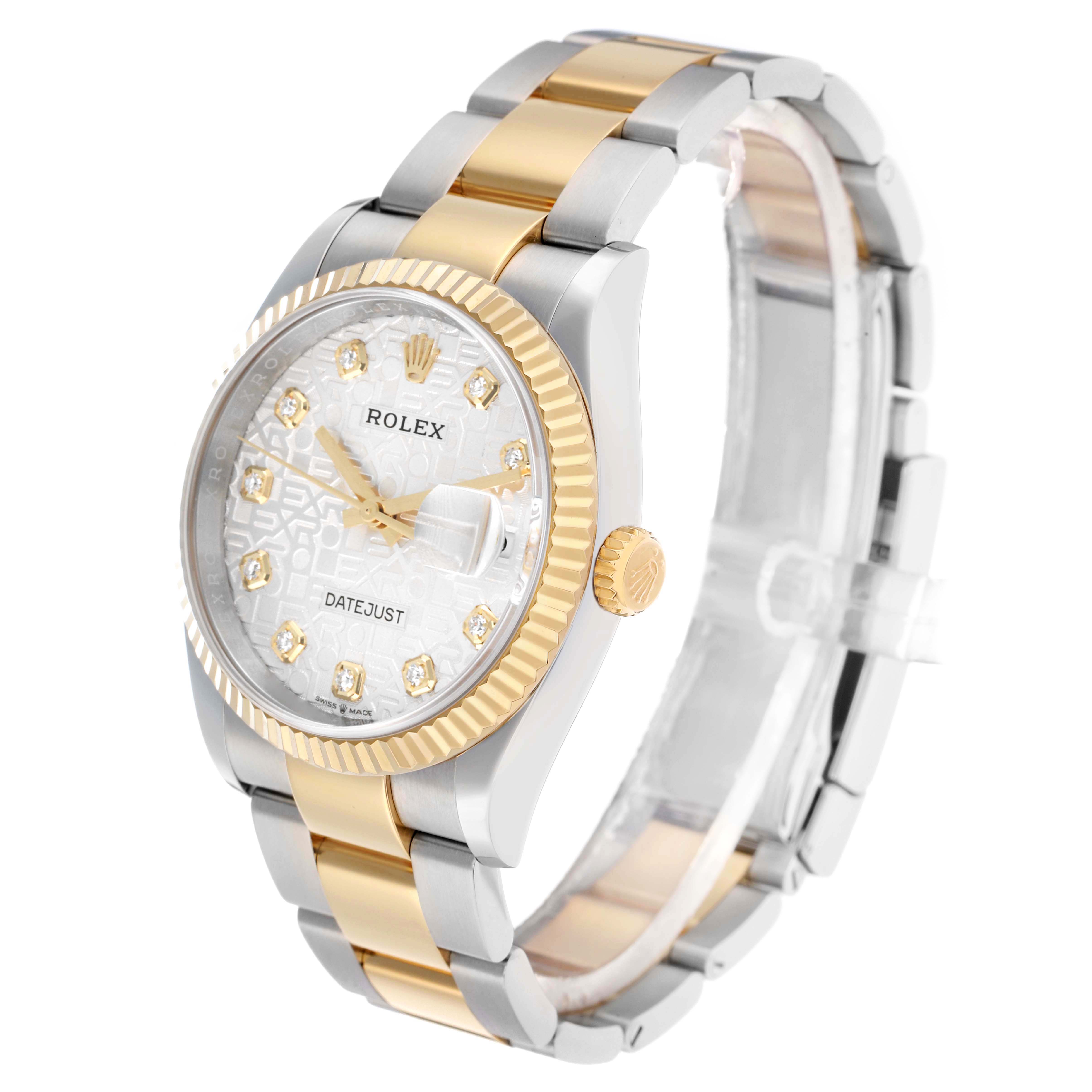 The Rolex Datejust 126233 Men
s Steel and Gold (two tone) Silver Dial watch is shown at a slight angle, highlighting the face, bezel, and two-tone bracelet.