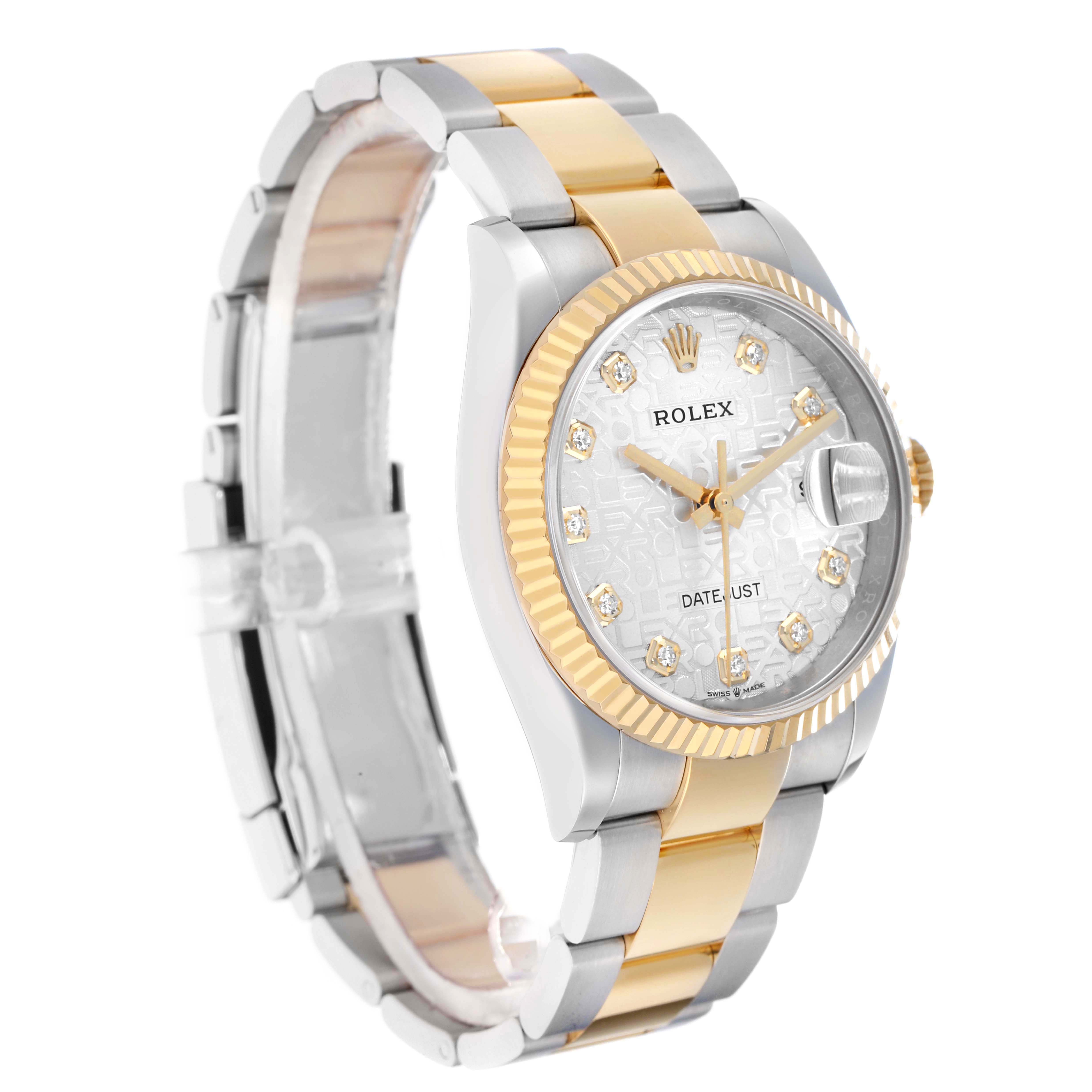 The Rolex Datejust 126233 Men
s Steel and Gold (two tone) Silver Dial watch is shown at an angled view, highlighting its dial, bezel, and the two-tone bracelet.