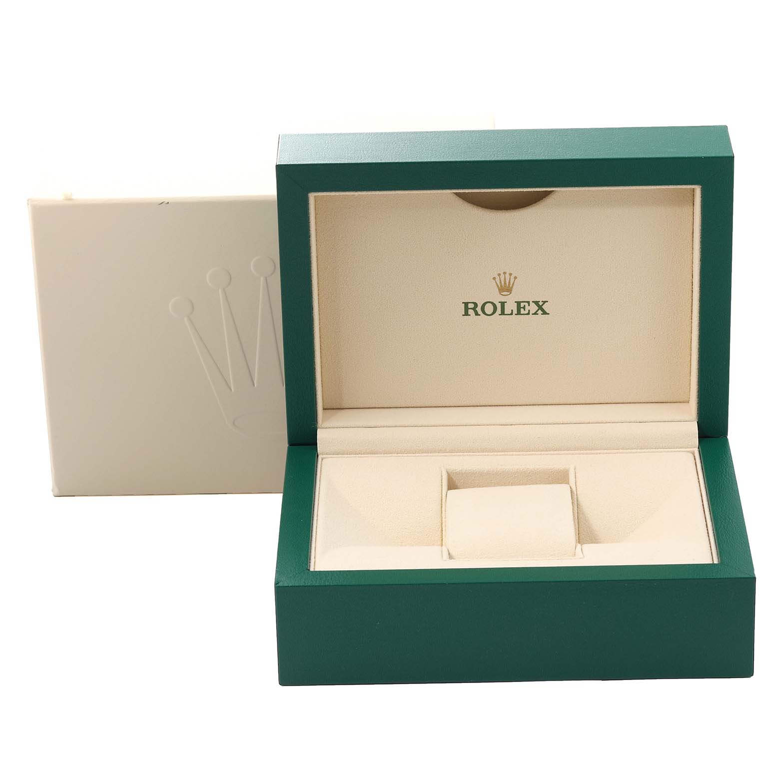 The image shows an open Rolex Datejust 126233 Men
s Steel and Gold (two tone) Silver Dial watch box, showcasing its interior and holder from a front angle.