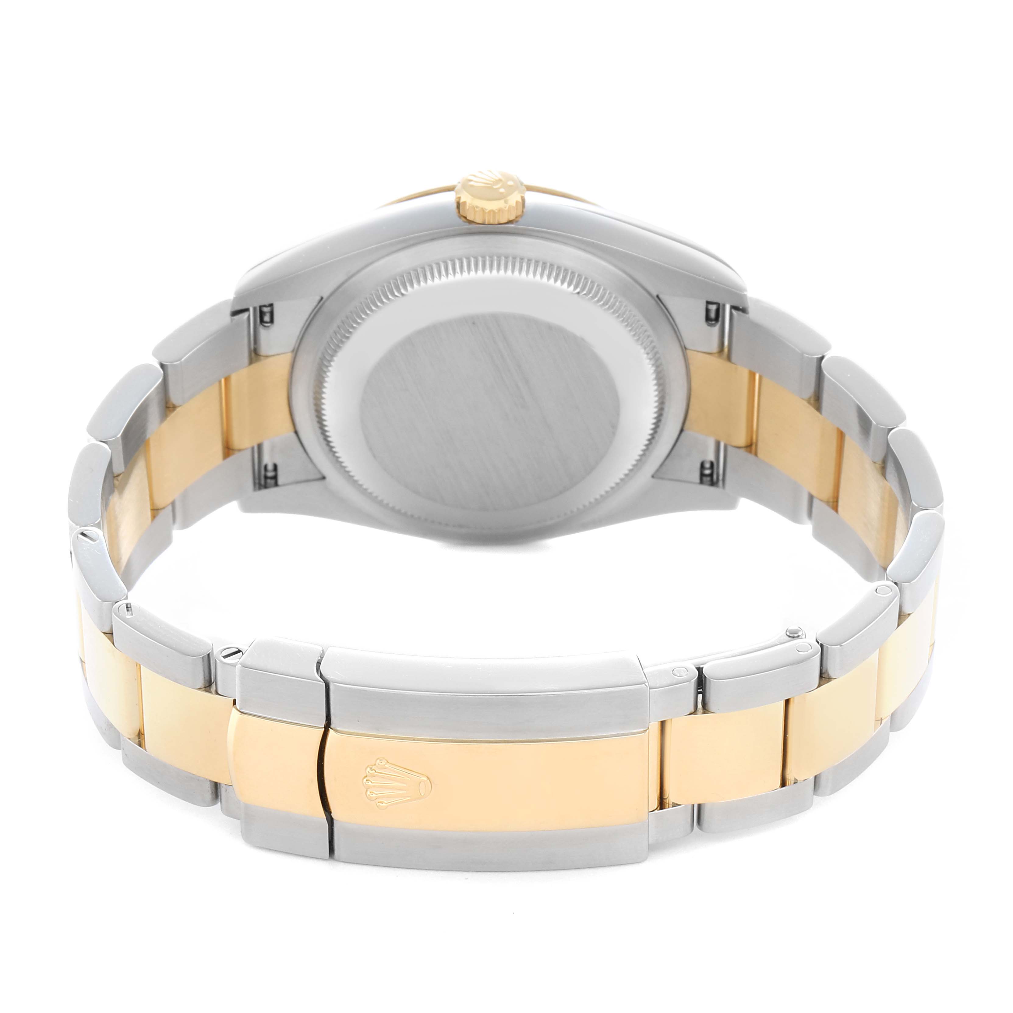 The Rolex Datejust 126233 Men
s Steel and Gold (two tone) Silver Dial is shown from the back, highlighting its case back, two-tone bracelet, and clasp with the Rolex logo.