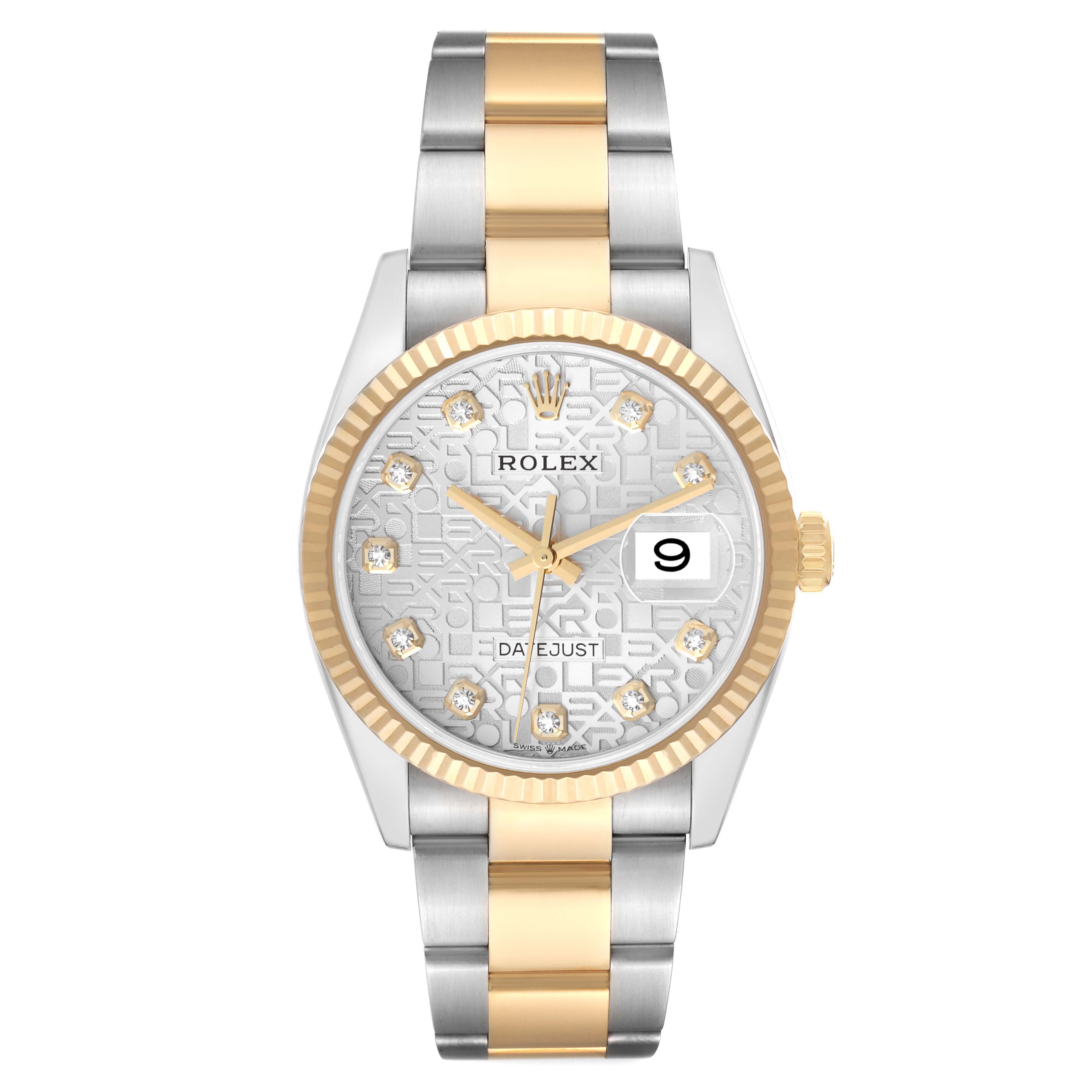 The Rolex Datejust 126233 Men
s Steel and Gold (two tone) Silver Dial watch is shown from the front, showcasing its dial, fluted bezel, and two-tone bracelet.