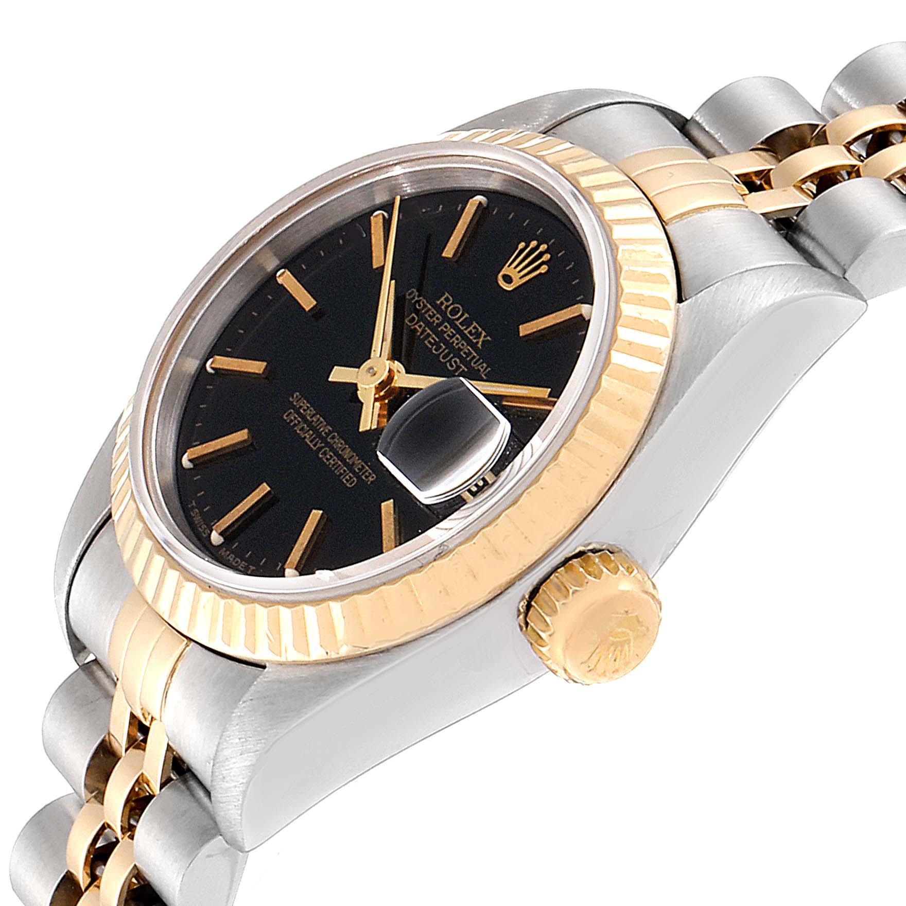 This image shows the Rolex Datejust 69173 Women's Steel and Gold (two tone) Black Dial 69173 Women's Steel and Gold (two tone) Black Dial watch at an angle highlighting the face, bezel, crown, and a portion of the bracelet.